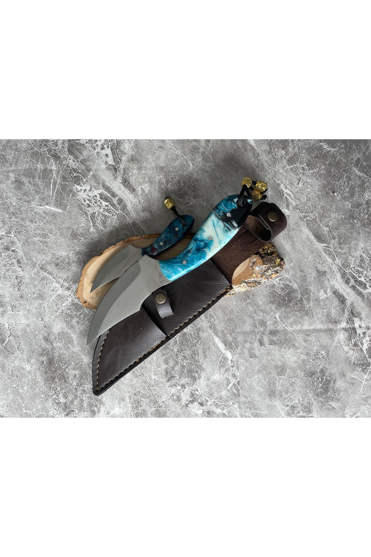 Epoksi Mavi-Siyah Babalı Oğullu Kamp Bıçağı – Kılıflı, 2’li Set, 