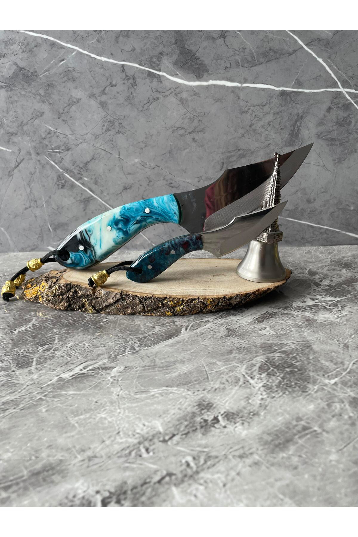 Epoksi Mavi-Siyah Babalı Oğullu Kamp Bıçağı – Kılıflı, 2’li Set, 