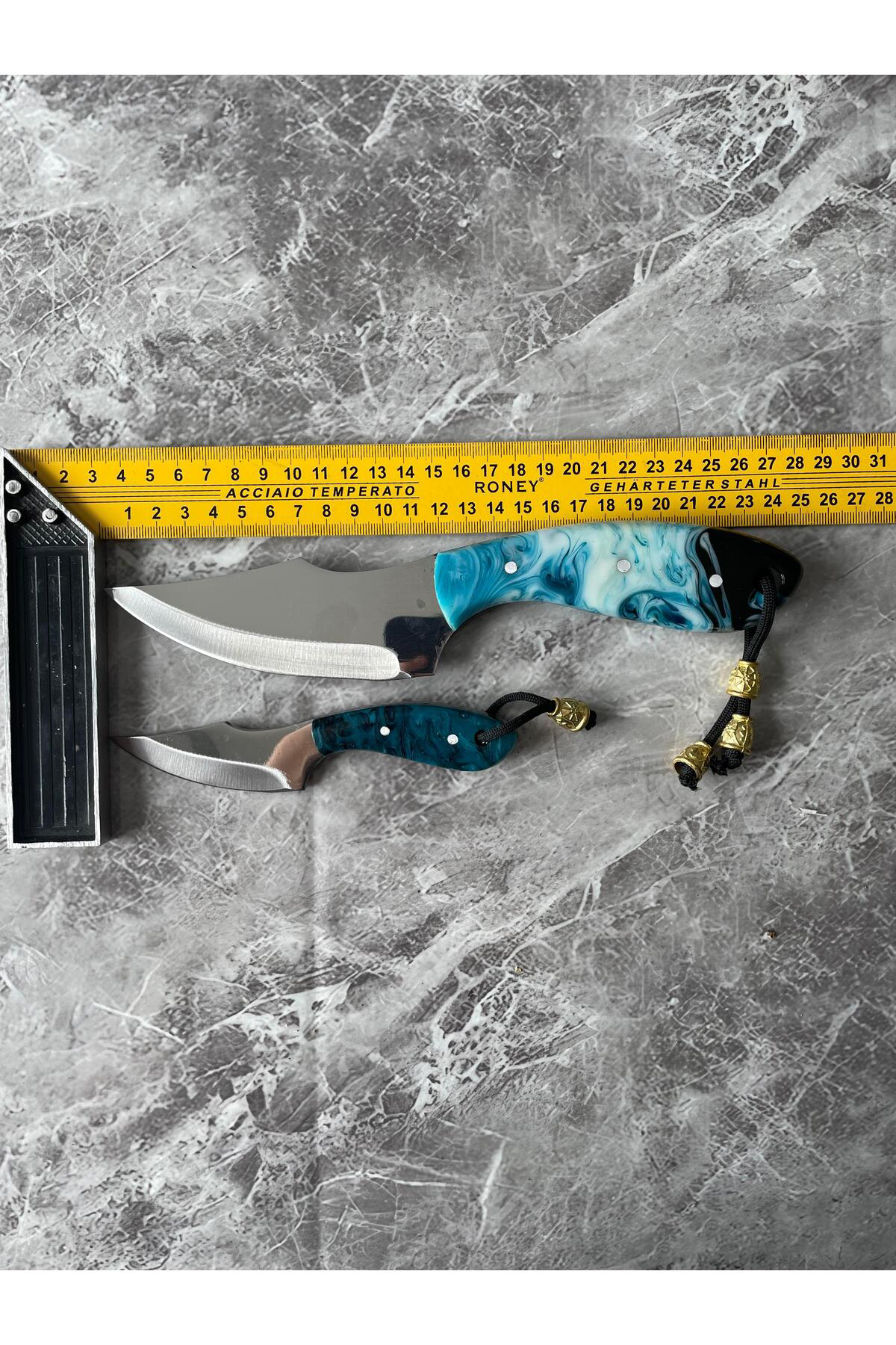 Epoksi Mavi-Siyah Babalı Oğullu Kamp Bıçağı – Kılıflı, 2’li Set, 