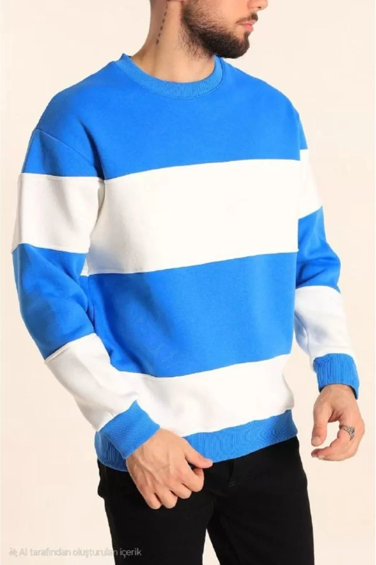 EQURİ Parçalı Bisiklet Yaka Baskılı SweatShirt - Mavi
