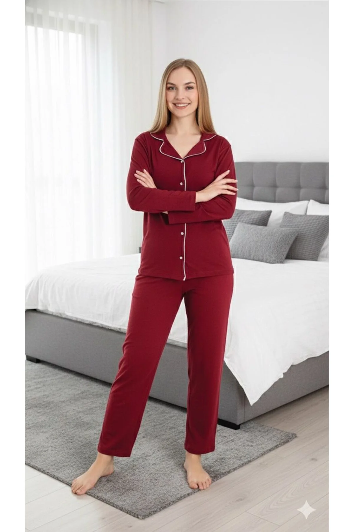 Ercan Gömlek Uzun Kol Pijama Takımı Koyu Bordo