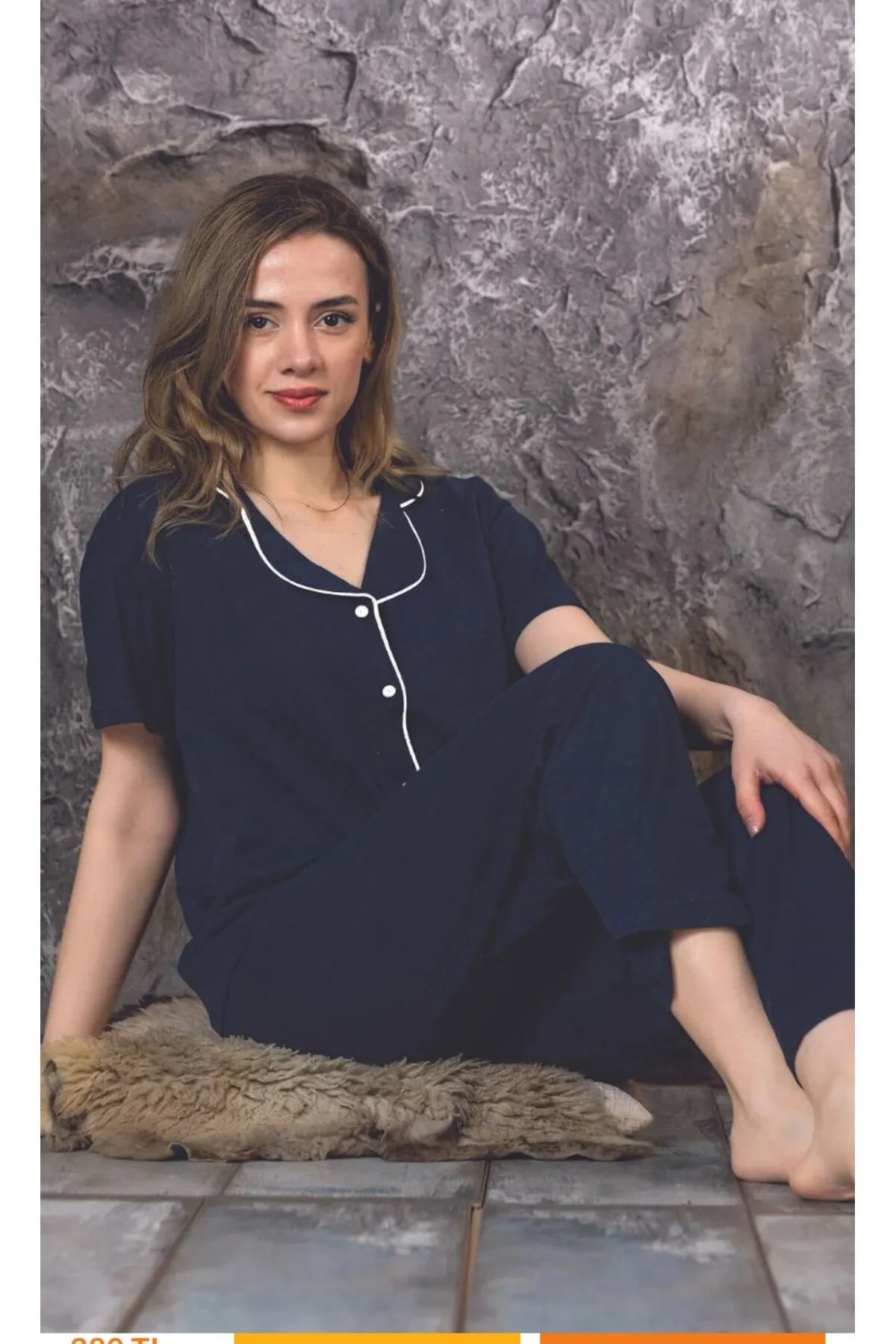 Ercan Kadın Kısa Kol Lacivert Gömlek Pijama Takımı
