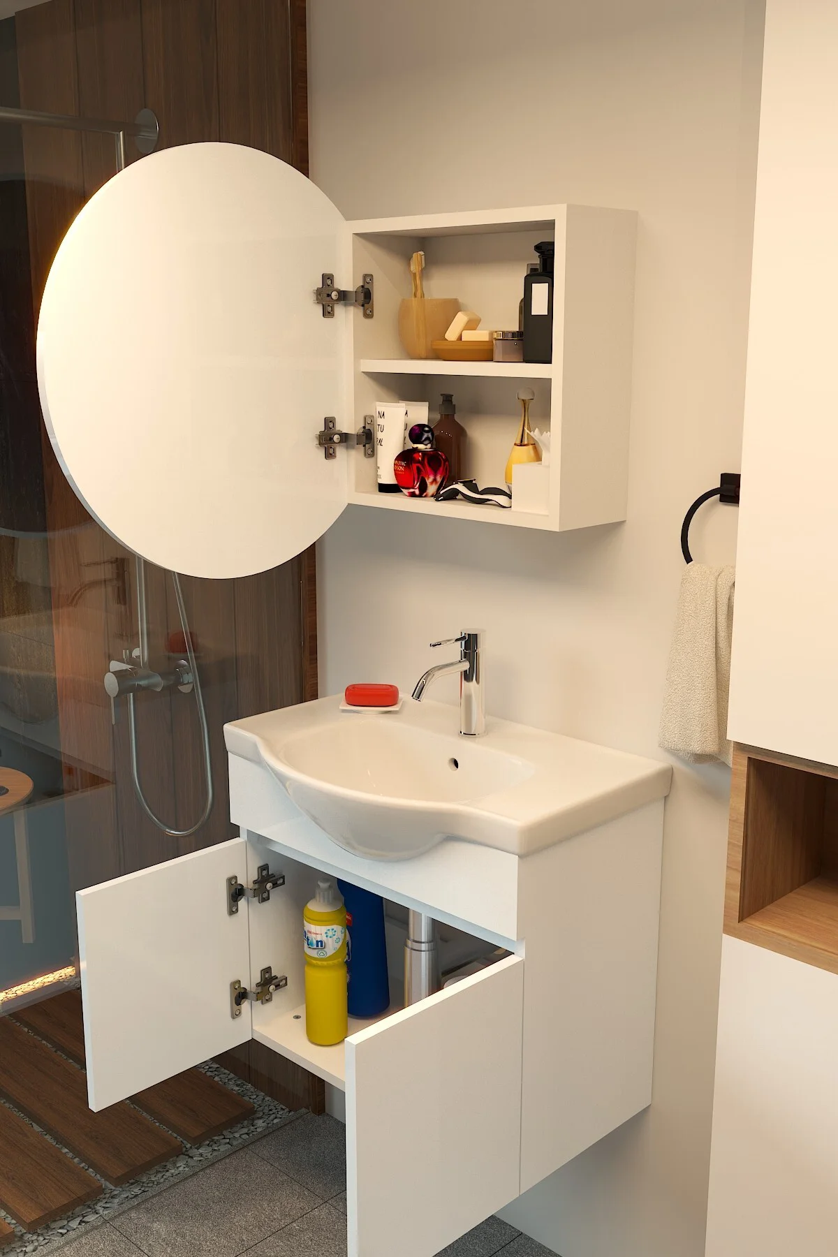 Erciyes 65cm Seramik Lavabolu MDF Oval Aynalı Banyo Dolabı