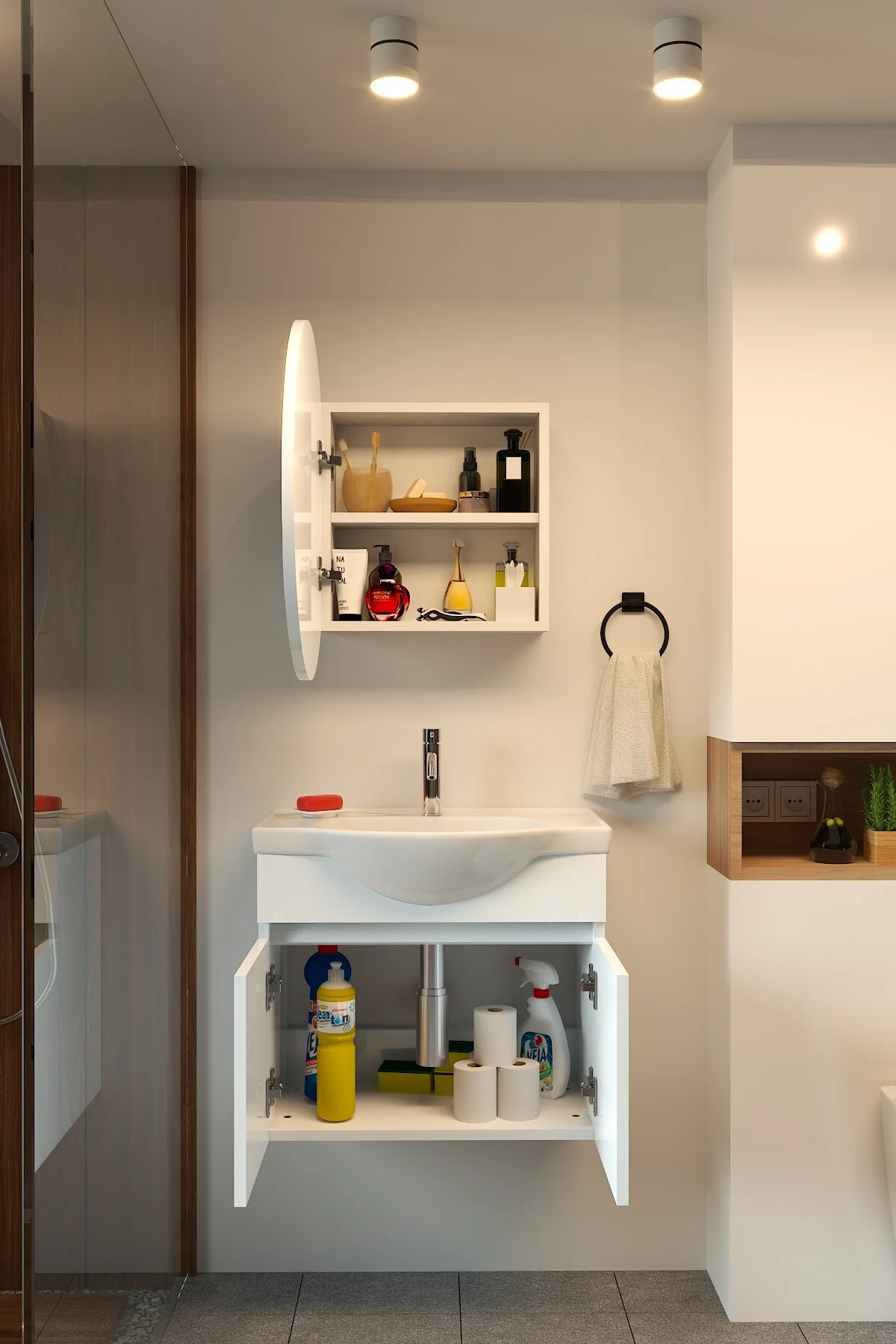 Erciyes 65cm Seramik Lavabolu MDF Oval Aynalı Banyo Dolabı