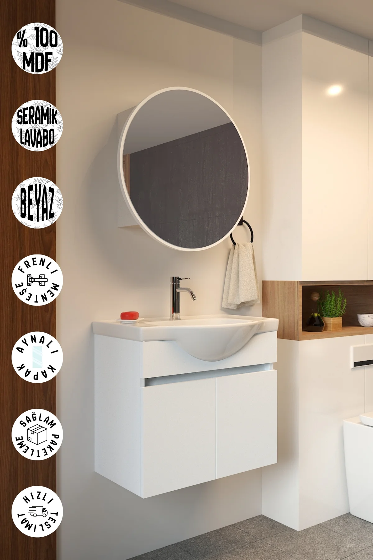 Erciyes 65cm Seramik Lavabolu MDF Oval Aynalı Banyo Dolabı
