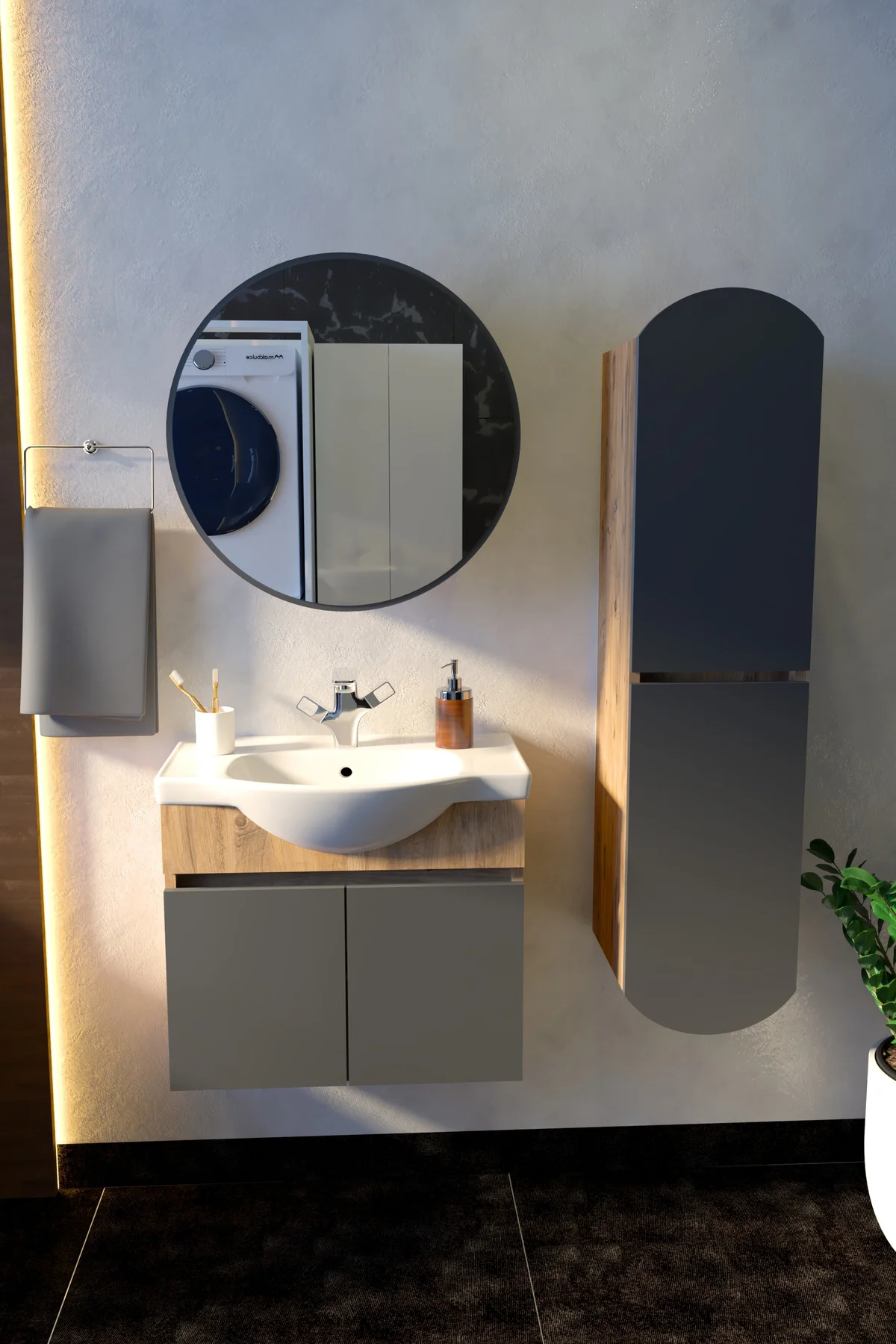 Erciyes Havlu Dolaplı 65cm Seramik Lavabolu MDF Oval Aynalı Banyo