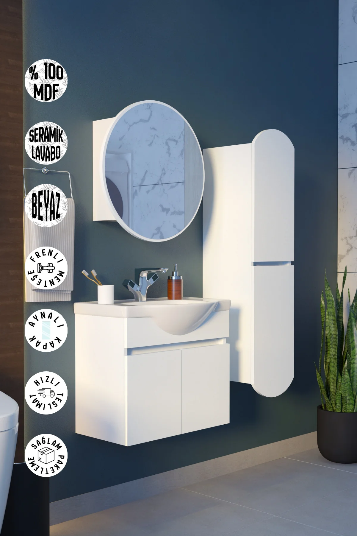 Erciyes Havlu Dolaplı 65cm Seramik Lavabolu MDF Oval Aynalı Banyo