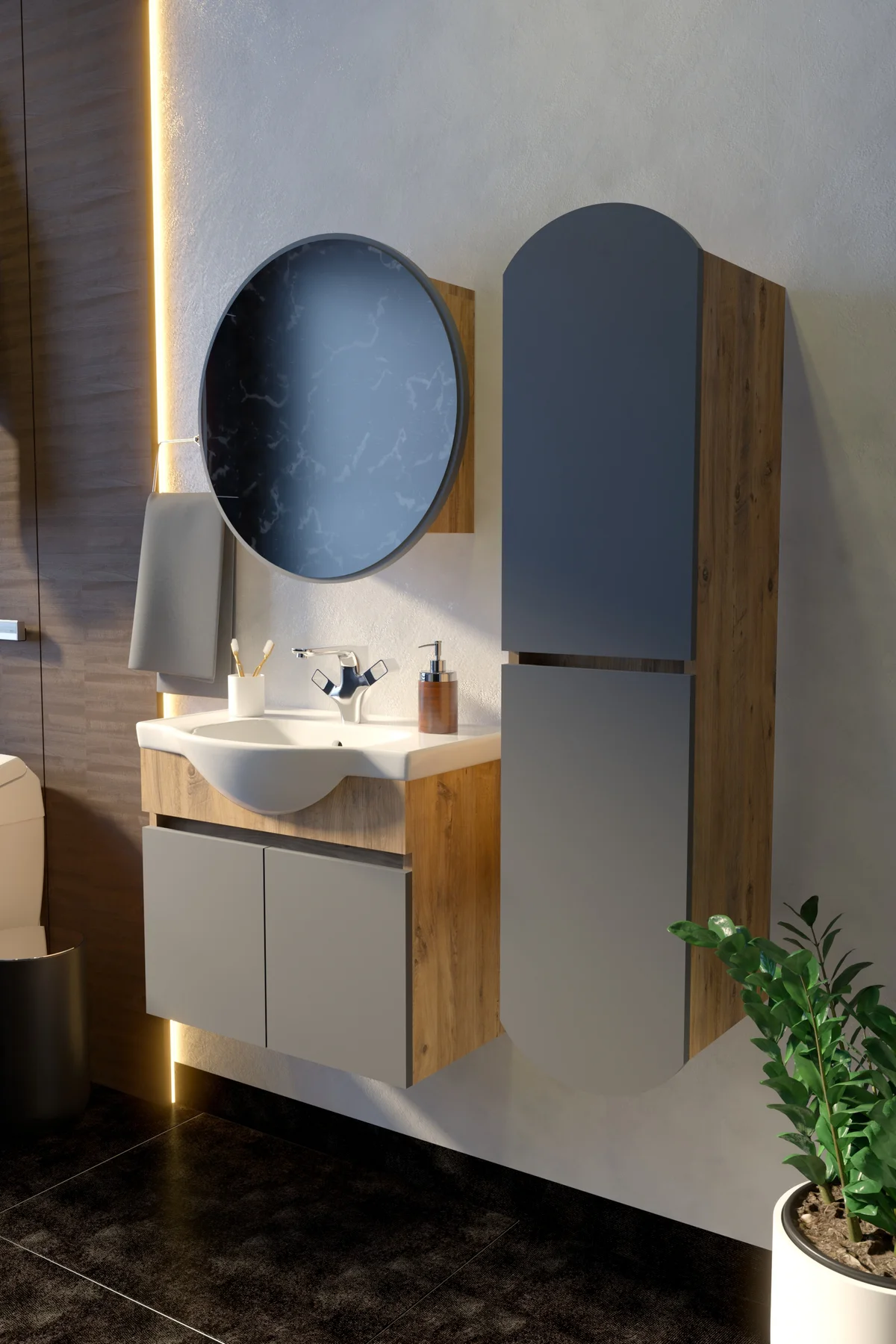 Erciyes Havlu Dolaplı 65cm Seramik Lavabolu MDF Oval Aynalı Banyo