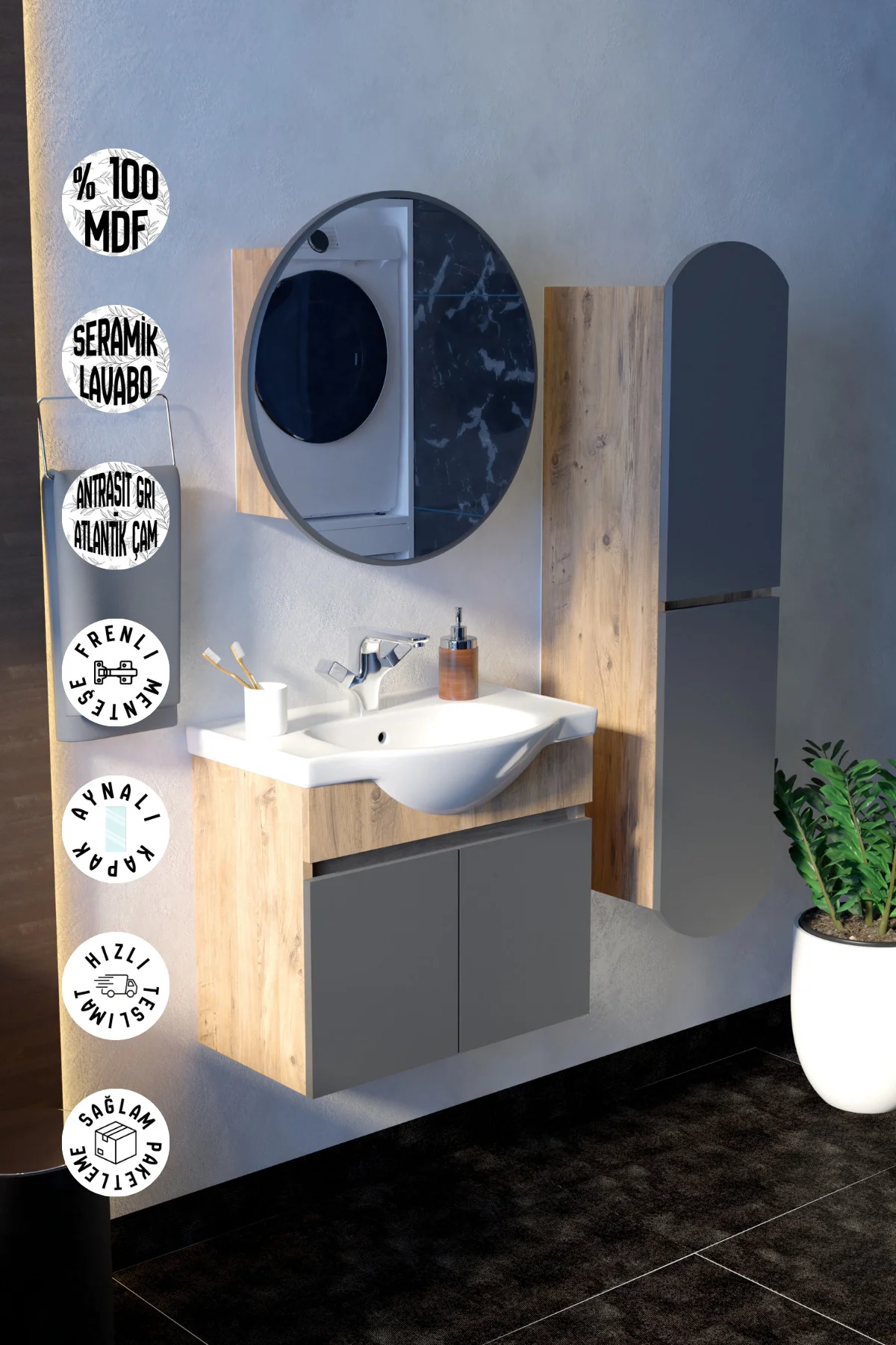 Erciyes Havlu Dolaplı 65cm Seramik Lavabolu MDF Oval Aynalı Banyo