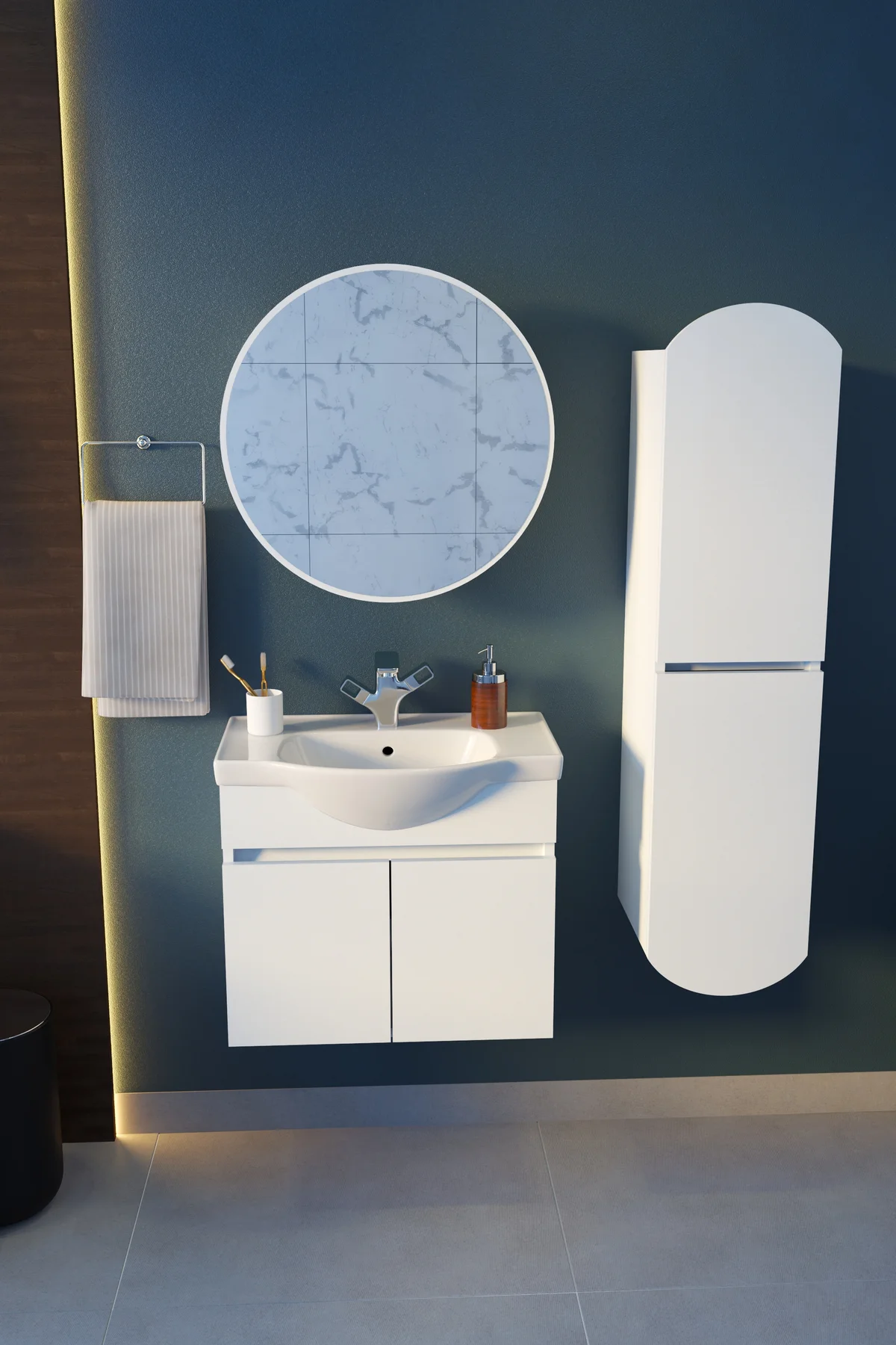 Erciyes Havlu Dolaplı 65cm Seramik Lavabolu MDF Oval Aynalı Banyo