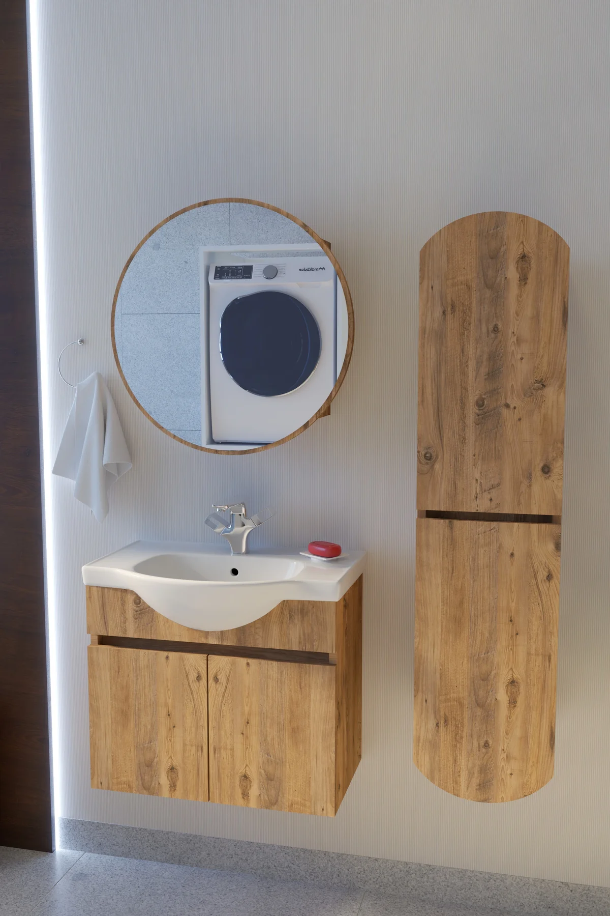 Erciyes Havlu Dolaplı 65cm Seramik Lavabolu MDF Oval Aynalı Banyo