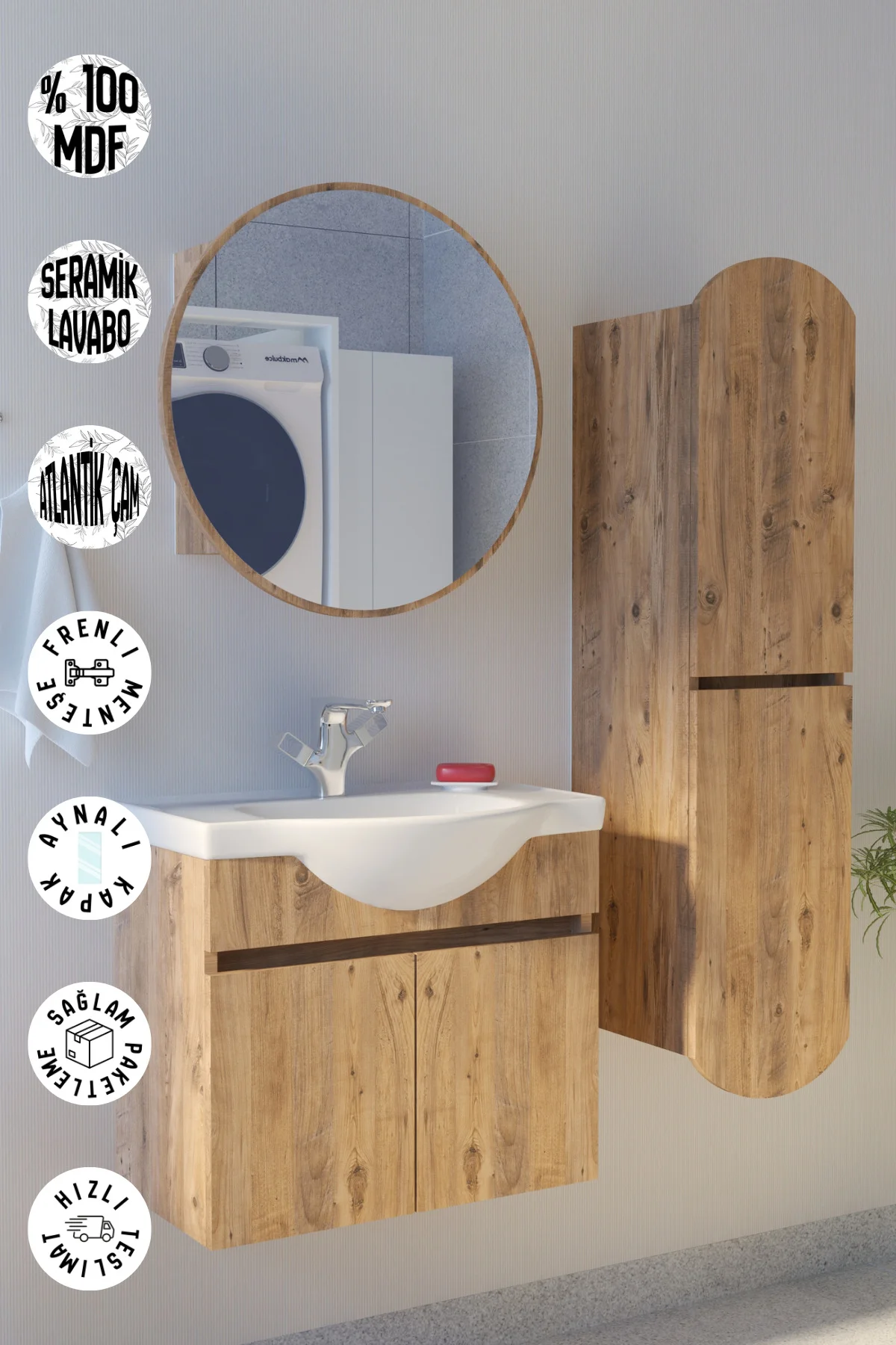 Erciyes Havlu Dolaplı 65cm Seramik Lavabolu MDF Oval Aynalı Banyo