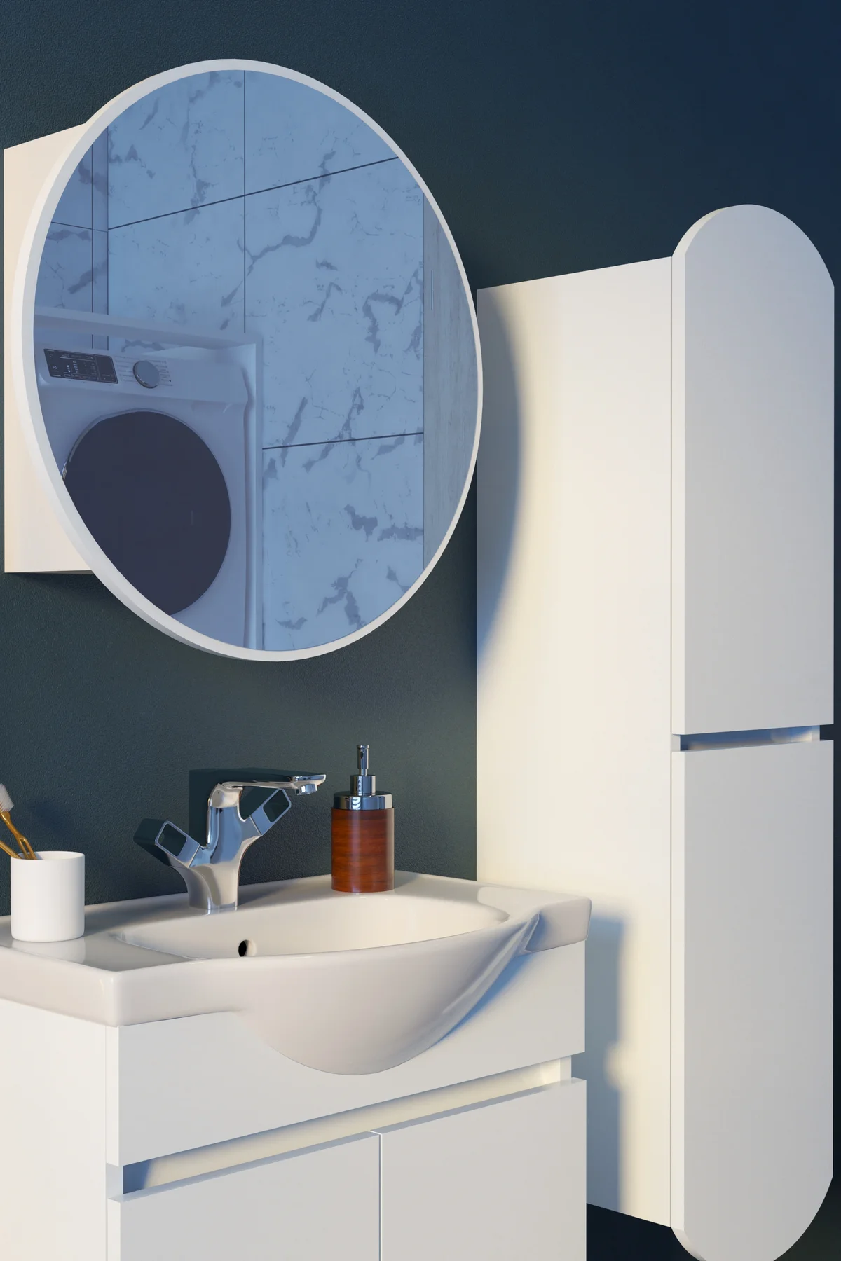 Erciyes Havlu Dolaplı 65cm Seramik Lavabolu MDF Oval Aynalı Banyo