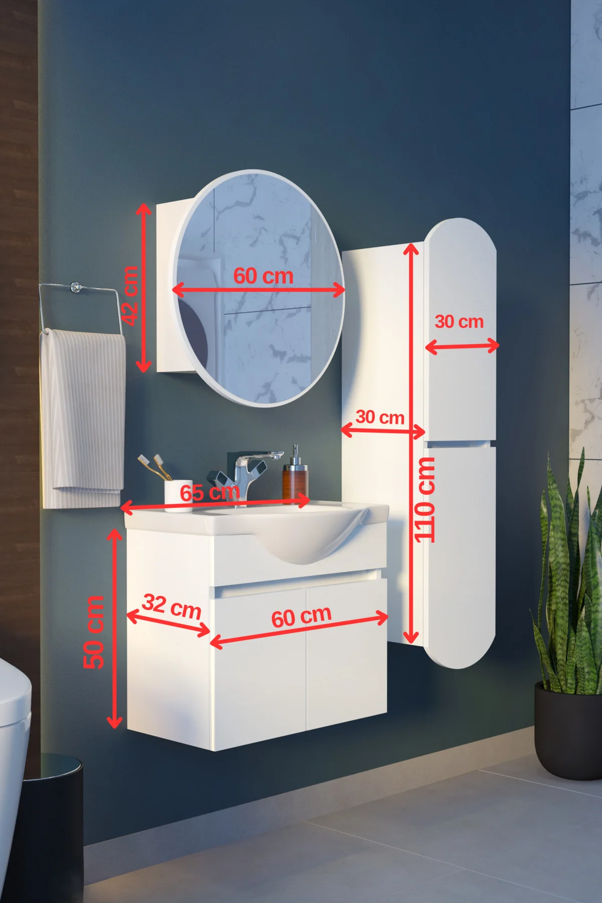 Erciyes Havlu Dolaplı 65cm Seramik Lavabolu MDF Oval Aynalı Banyo