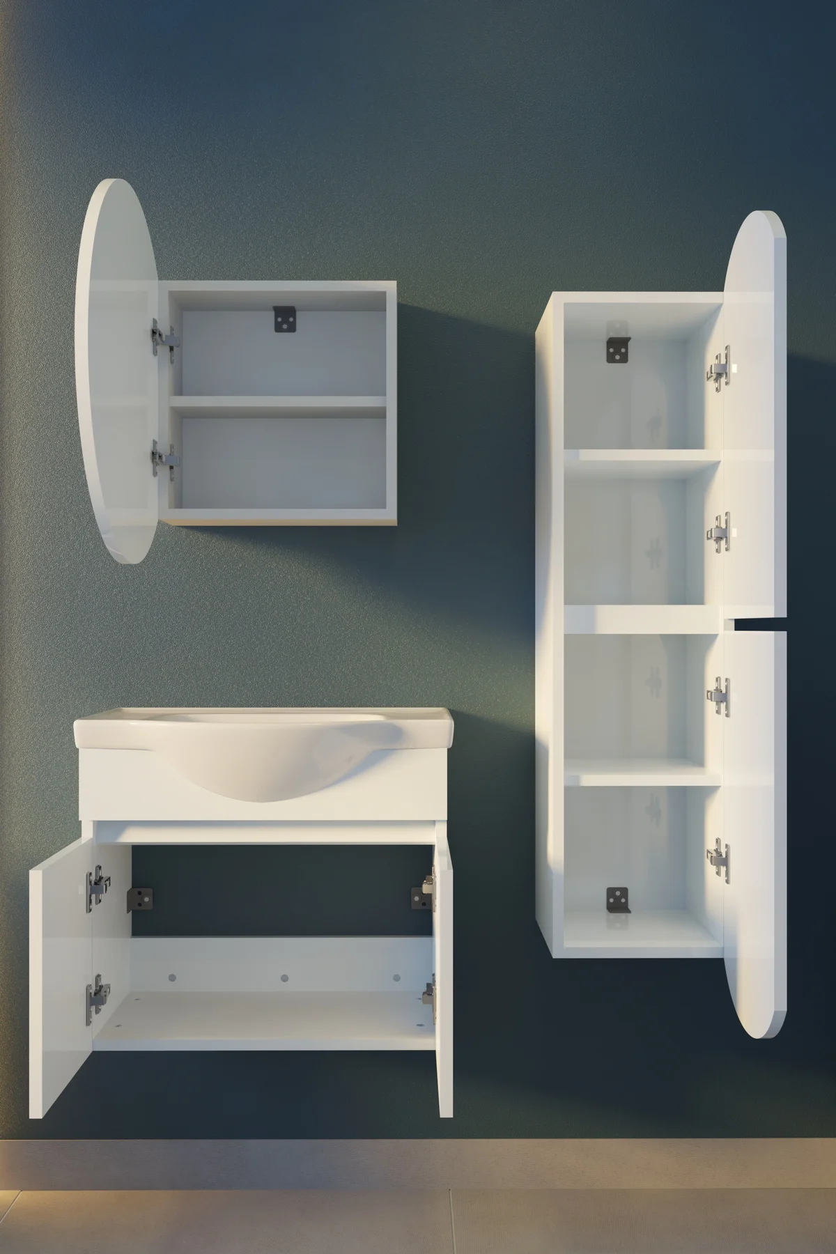 Erciyes Havlu Dolaplı 65cm Seramik Lavabolu MDF Oval Aynalı Banyo