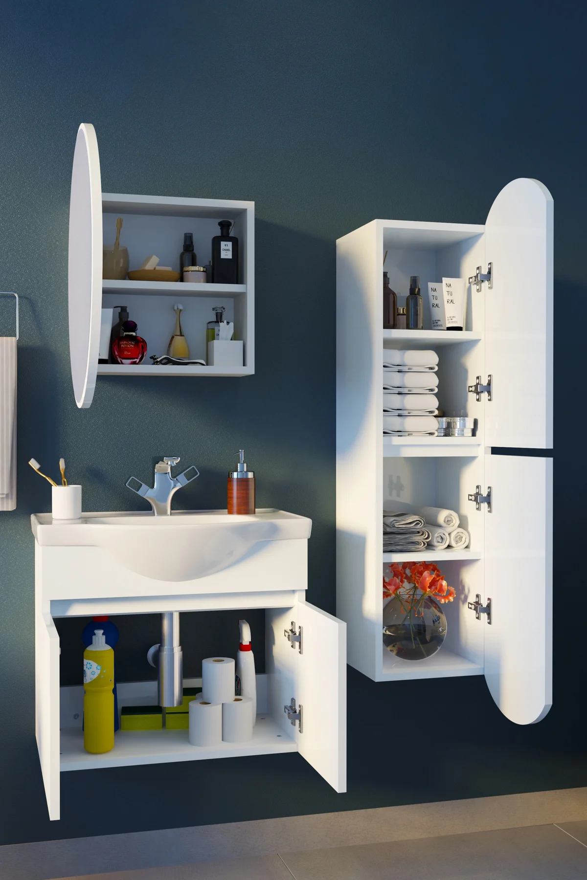 Erciyes Havlu Dolaplı 65cm Seramik Lavabolu MDF Oval Aynalı Banyo