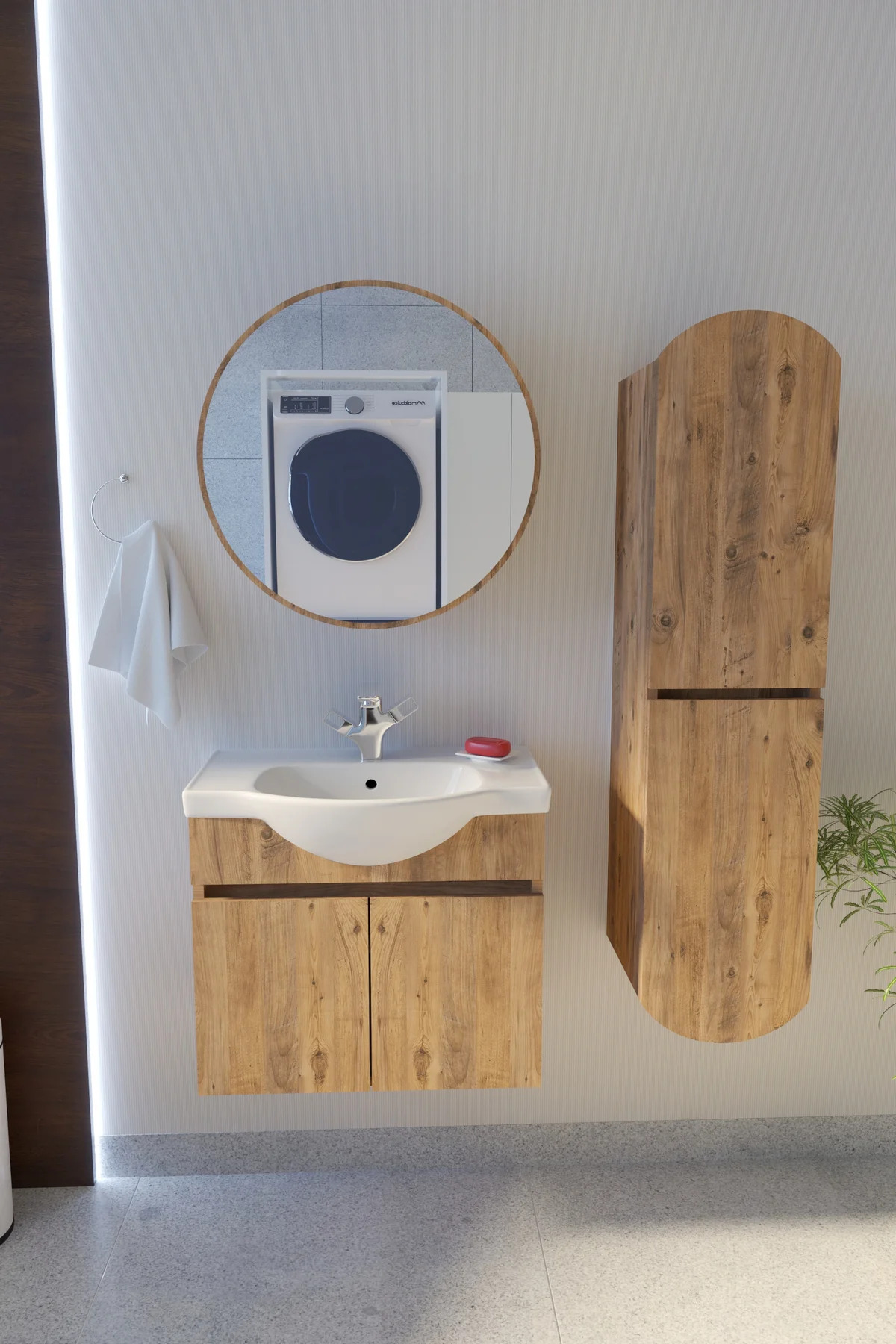 Erciyes Havlu Dolaplı 65cm Seramik Lavabolu MDF Oval Aynalı Banyo