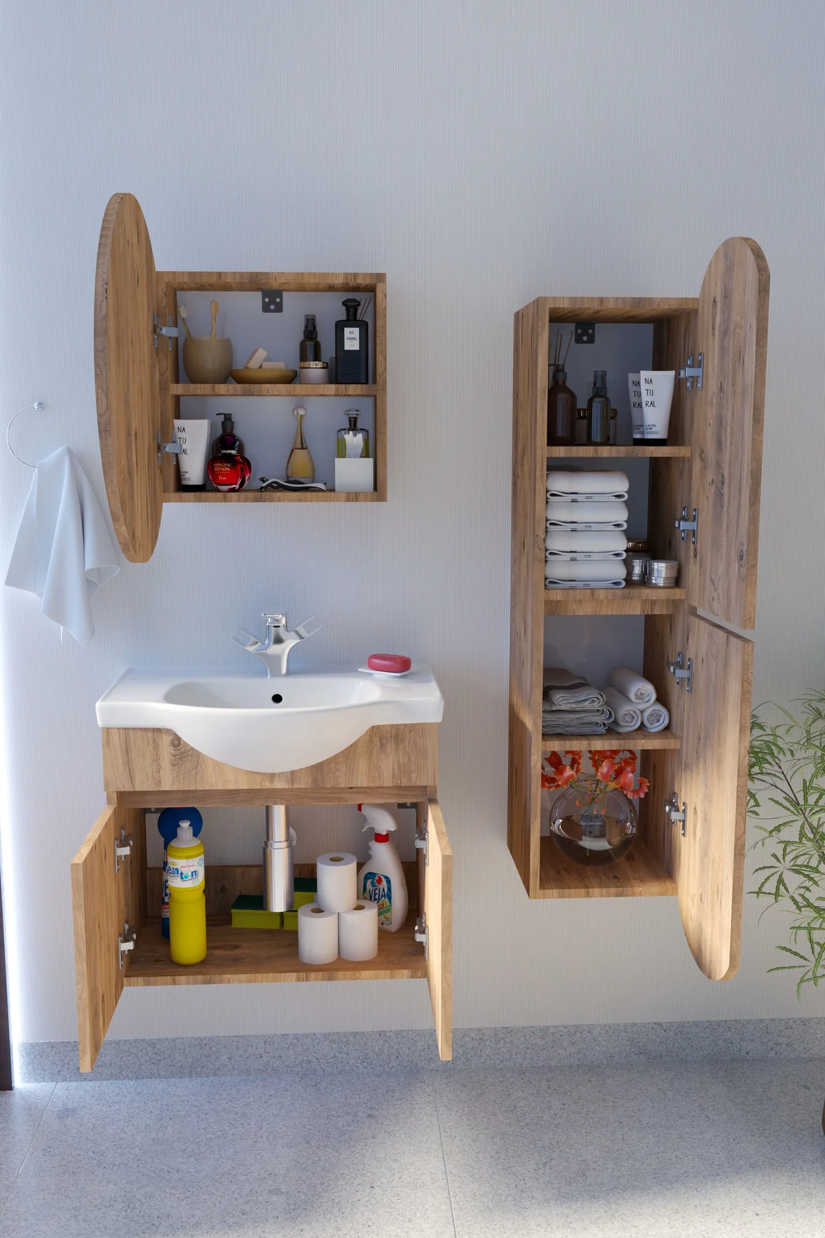 Erciyes Havlu Dolaplı 65cm Seramik Lavabolu MDF Oval Aynalı Banyo