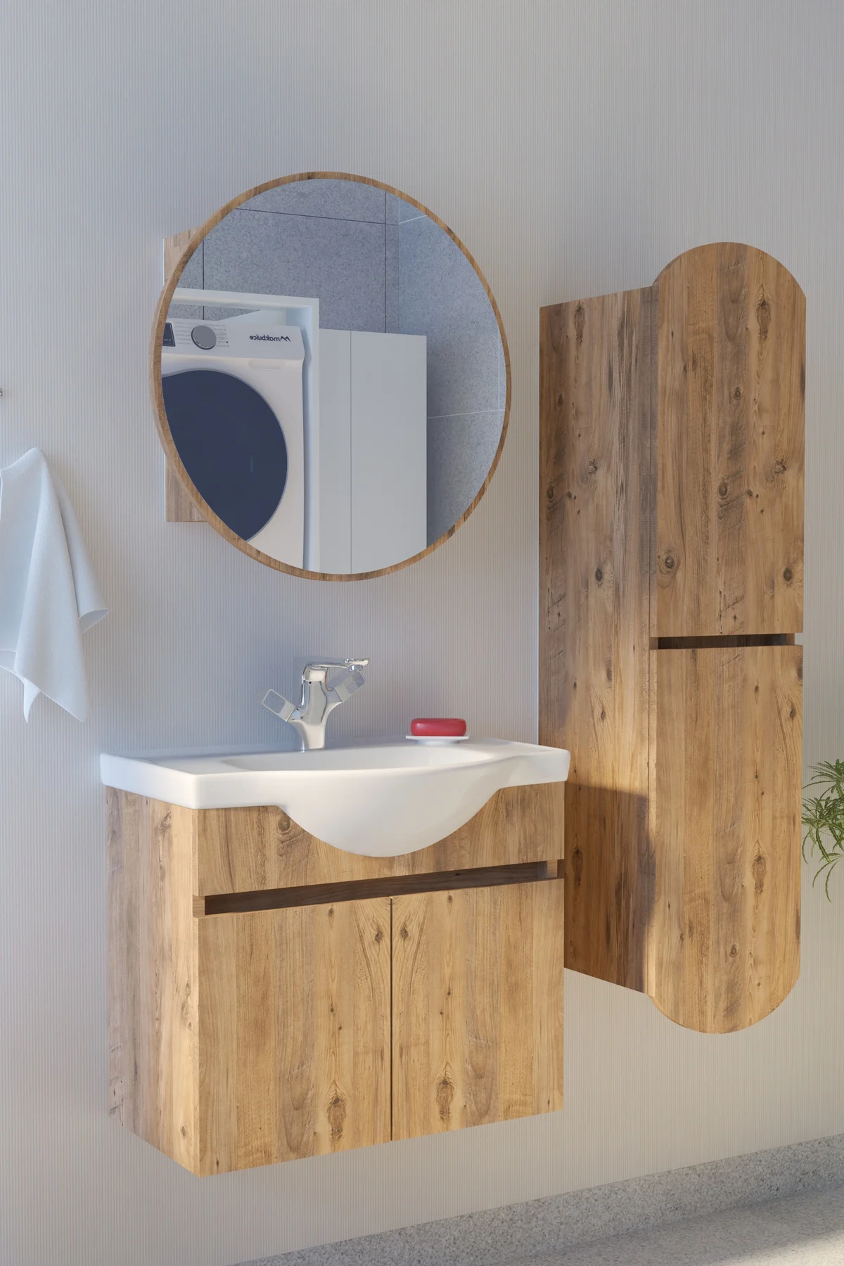 Erciyes Havlu Dolaplı 65cm Seramik Lavabolu MDF Oval Aynalı Banyo