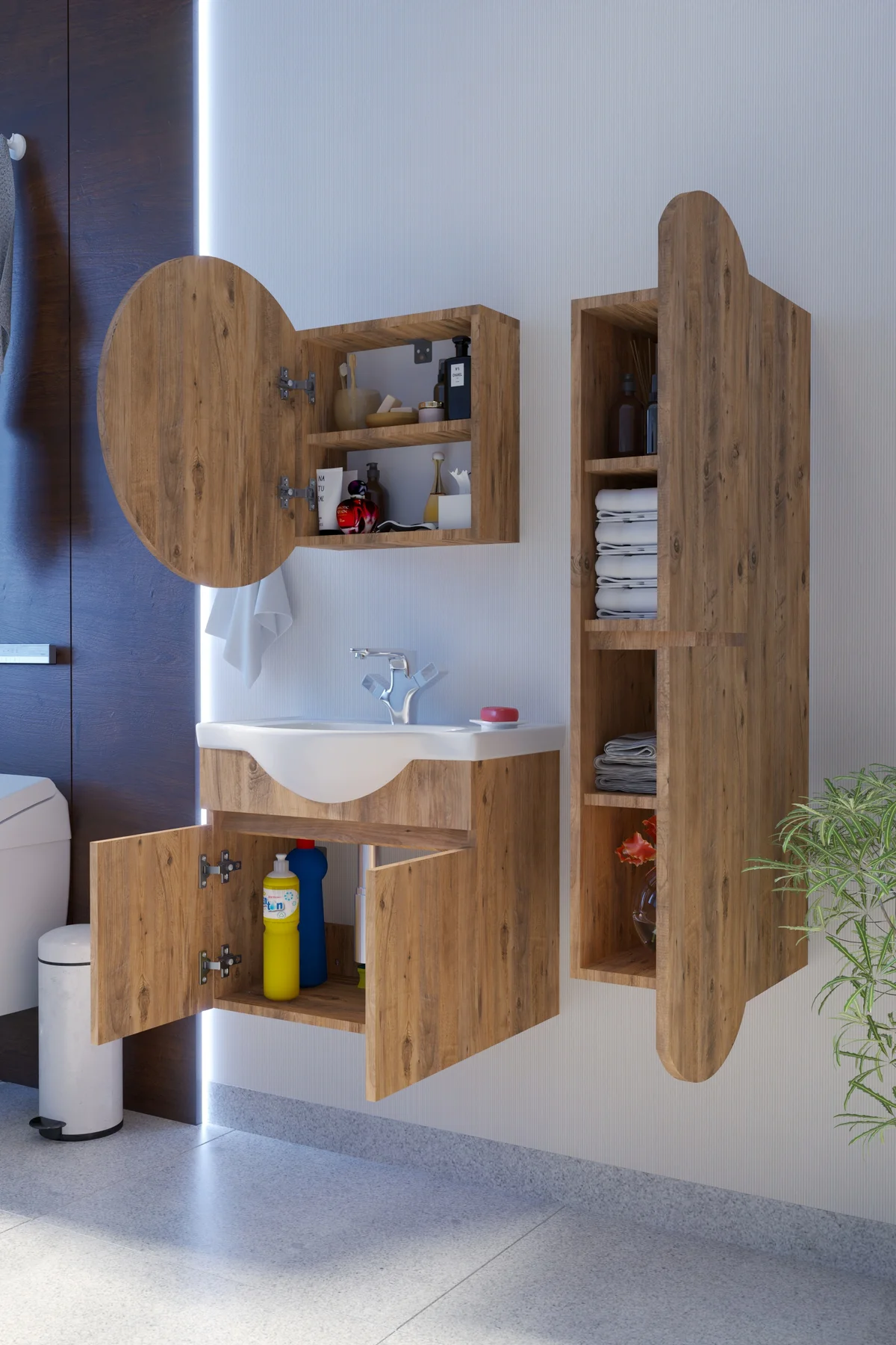 Erciyes Havlu Dolaplı 65cm Seramik Lavabolu MDF Oval Aynalı Banyo