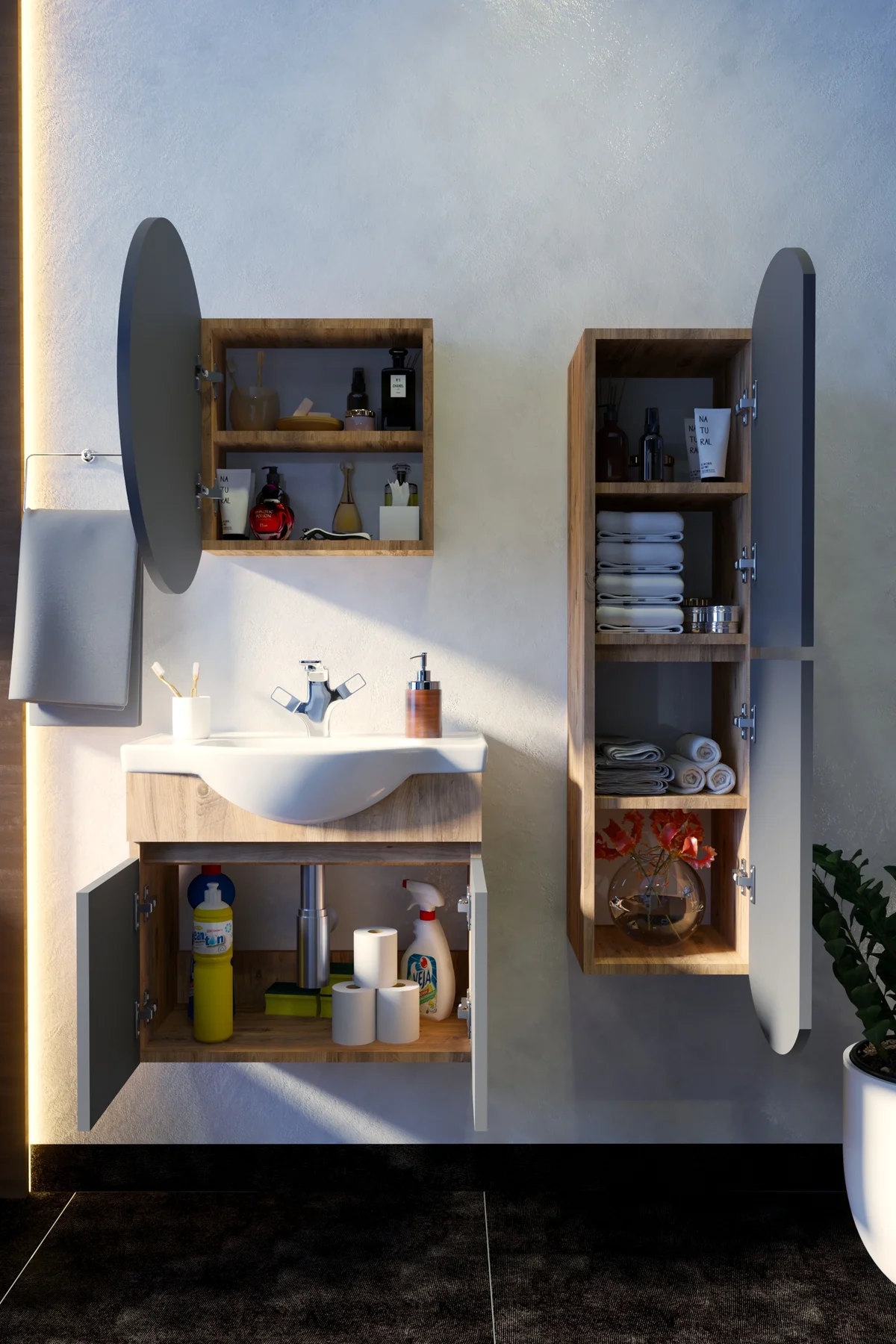 Erciyes Havlu Dolaplı 65cm Seramik Lavabolu MDF Oval Aynalı Banyo