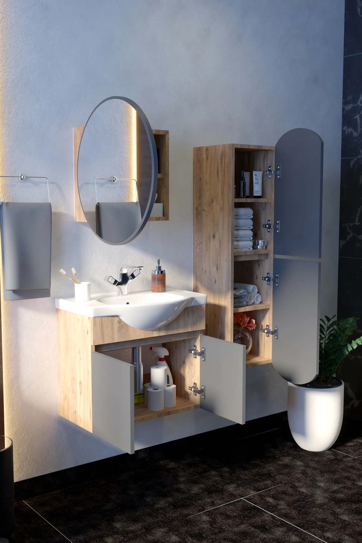 Erciyes Havlu Dolaplı 65cm Seramik Lavabolu MDF Oval Aynalı Banyo