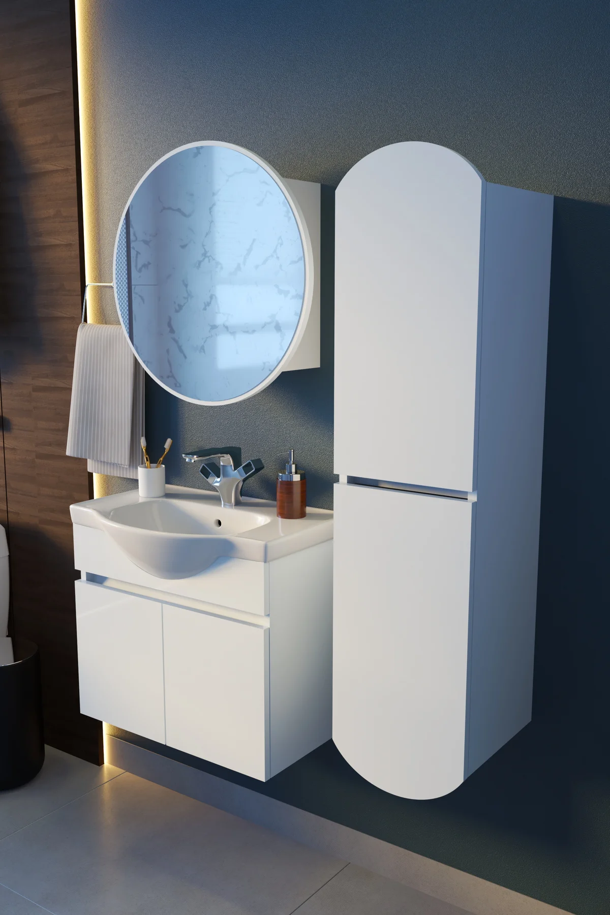 Erciyes Havlu Dolaplı 65cm Seramik Lavabolu MDF Oval Aynalı Banyo