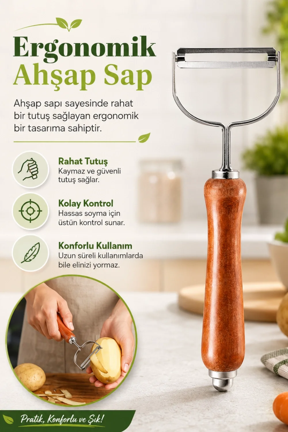 Ergonomik Ahşap Saplı Metal Meyve Sebze Soyacağı Tek Başlıklı Pratik Soyacak