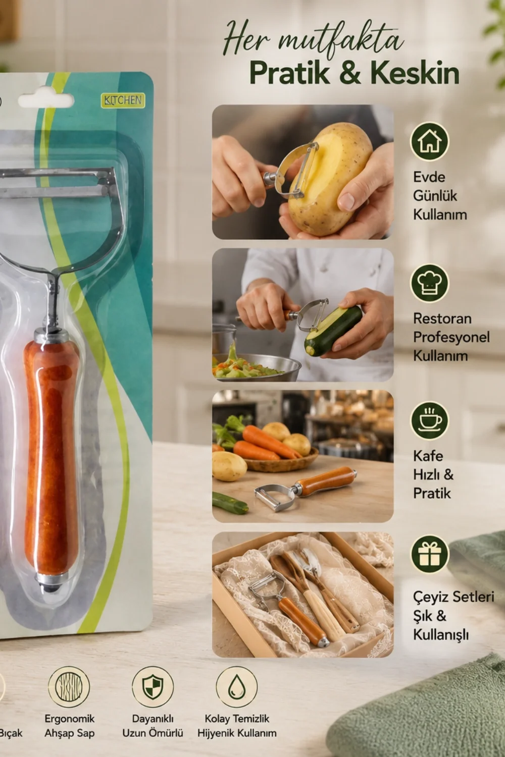 Ergonomik Ahşap Saplı Metal Meyve Sebze Soyacağı Tek Başlıklı Pratik Soyacak