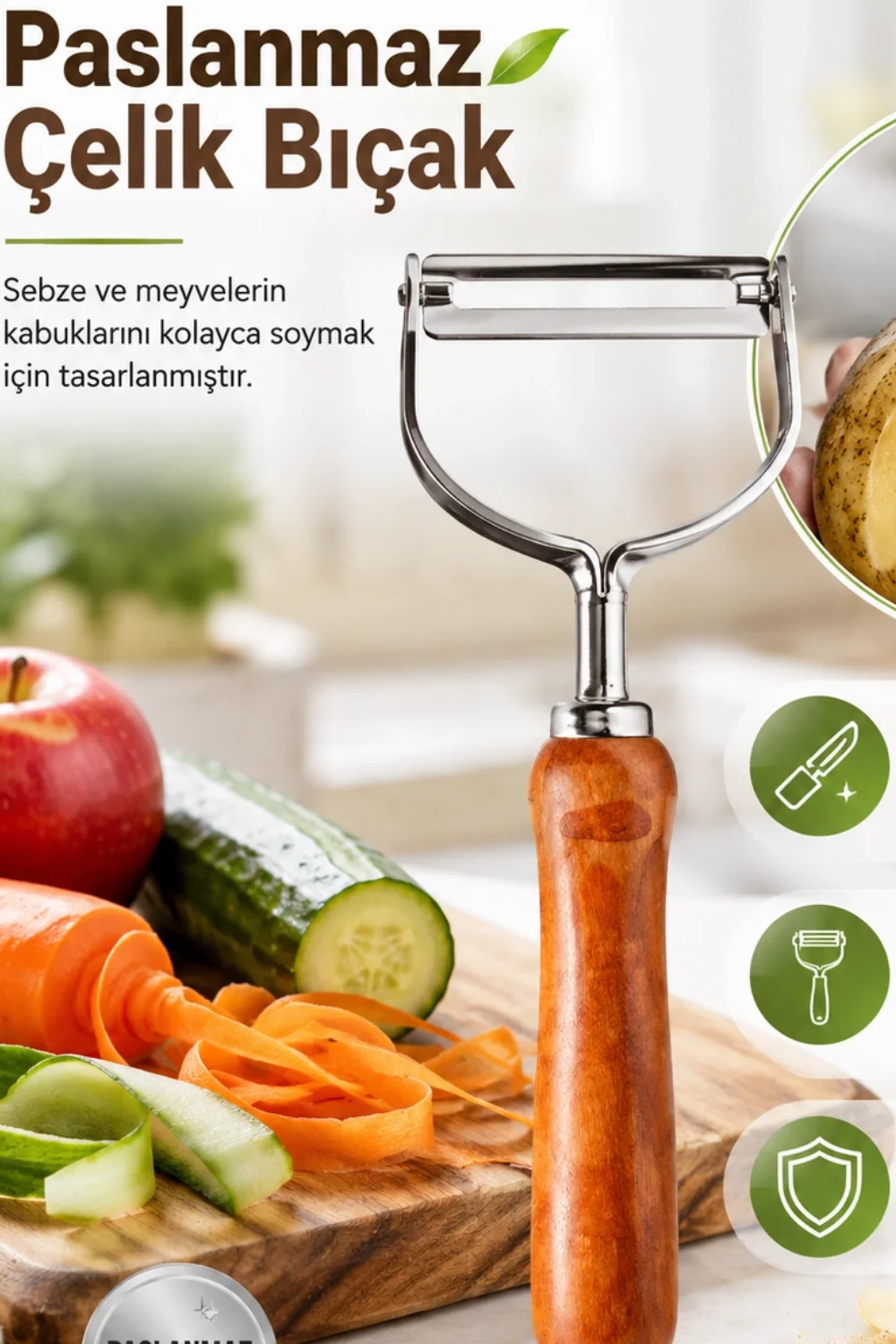 Ergonomik Ahşap Saplı Metal Meyve Sebze Soyacağı Tek Başlıklı Pratik Soyacak