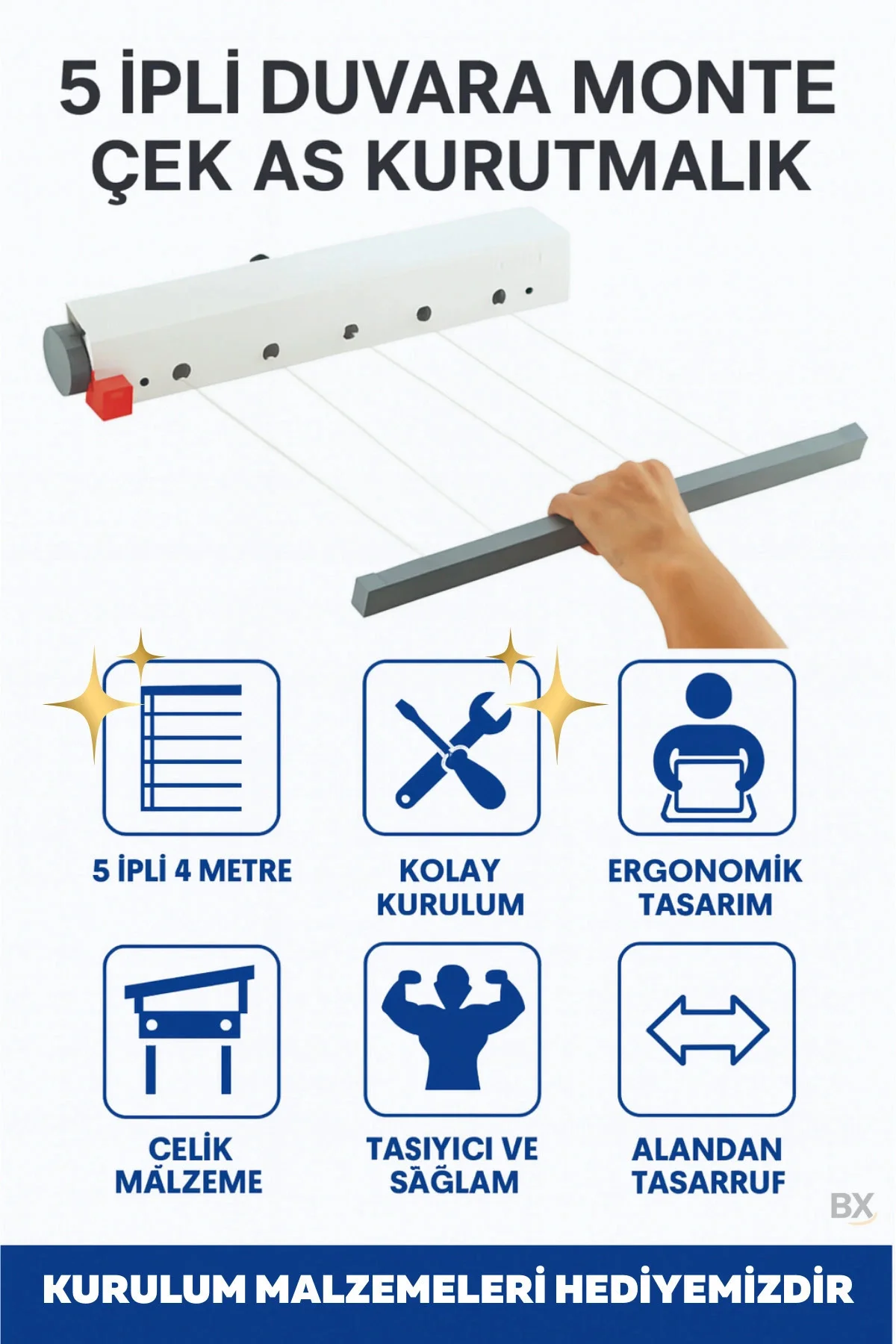 Ergonomik Çamaşırlık 5 Metre 5 İp, Kaliteli İpler, Önce Çek Sonra