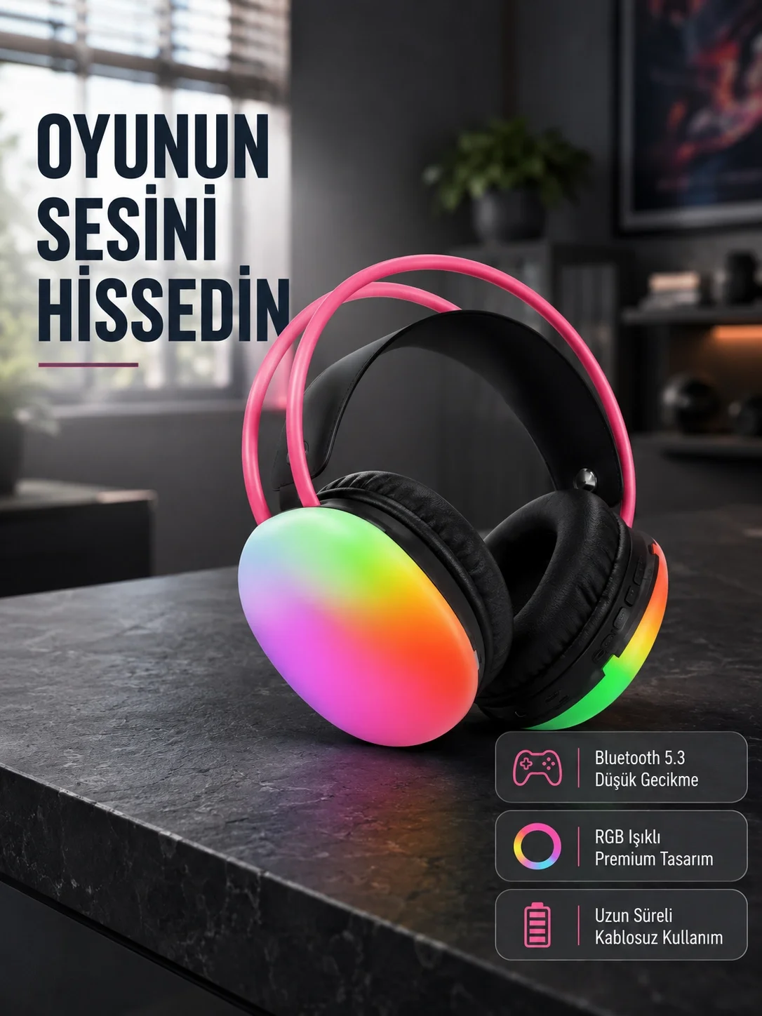 Ergonomik RGB Bluetooth Kulaklık 3D Ses Yeni Nesil