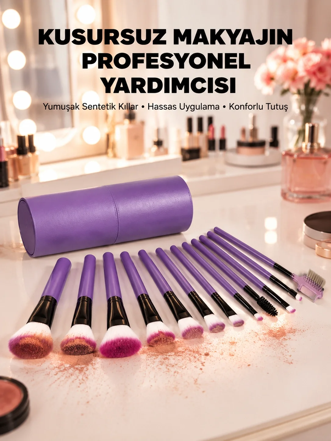 Ergonomik Saplı Fiber Kıllı 12'li Makyaj Fırça Takımı Göz ve Ten Makyajı İçin Uygun Fiyatı, Yorumları ve Özellikleri