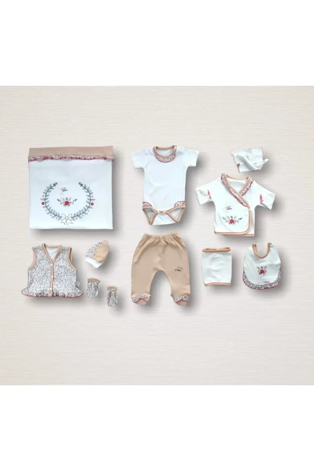 Erguvan Taç Nakışlı %100 Cotton Kız Bebek 10lu Zıbın Takımı Hasta