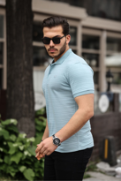 Erkek %100 Pamuklu Kumaş Slim Fit Kesim Açık Mavi Polo Yaka T-shi