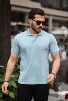 Erkek %100 Pamuklu Kumaş Slim Fit Kesim Açık Mavi Polo Yaka T-shi