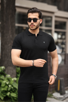 Erkek %100 Pamuklu Kumaş Slim Fit Kesim Siyah Polo Yaka T-shirt -