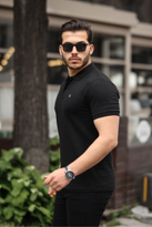 Erkek %100 Pamuklu Kumaş Slim Fit Kesim Siyah Polo Yaka T-shirt -