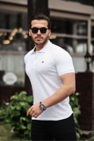 Erkek %100 Pamuklu Kumaş Slim Fit Kesim Beyaz Polo Yaka T-shirt -