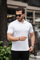 Erkek %100 Pamuklu Kumaş Slim Fit Kesim Beyaz Polo Yaka T-shirt -