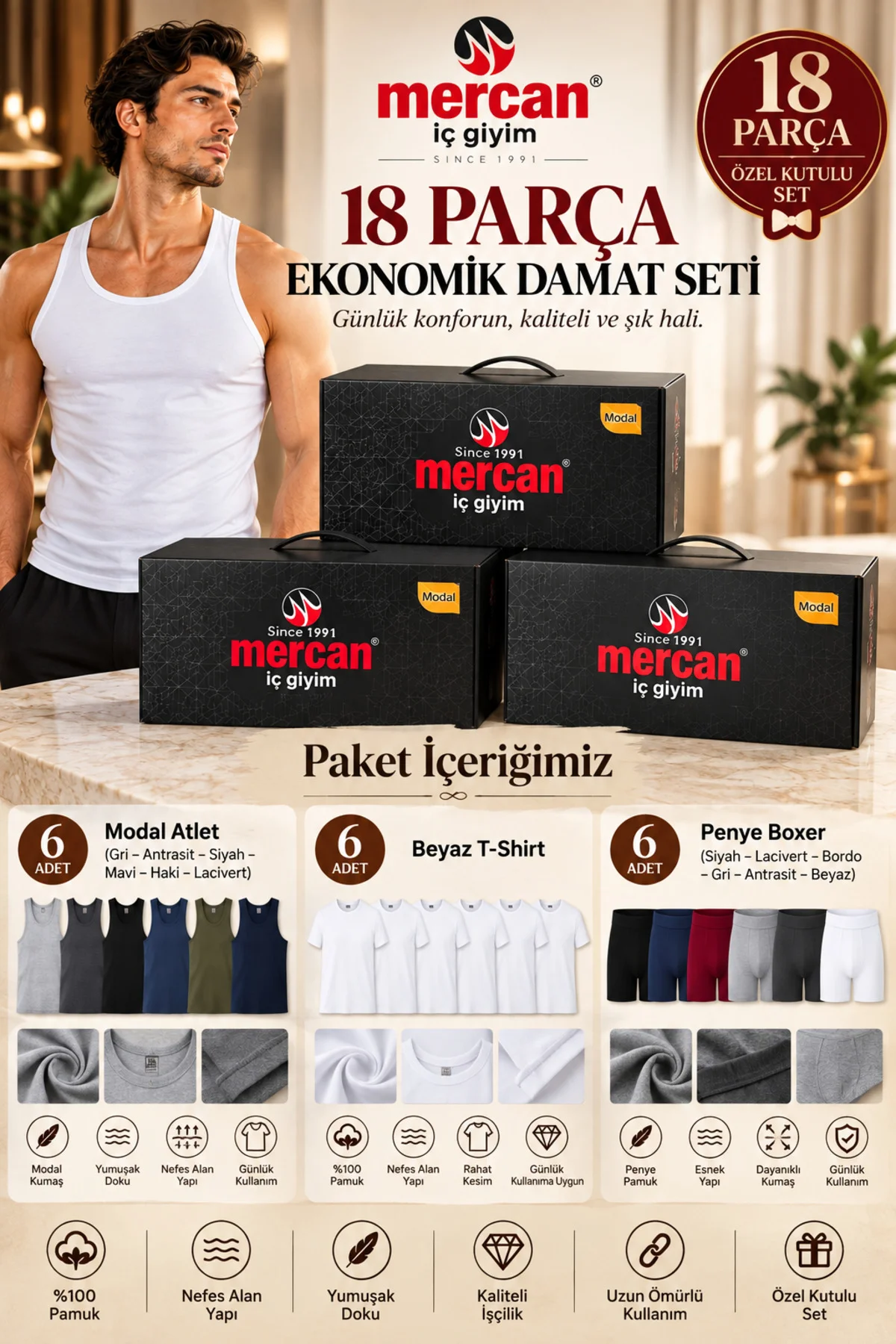 Erkek 18 Parça Damat Çeyiz Seti Özel Kutulu Modal Atlet Tişört Boxer Erkek 18 Parça Damat Çeyiz Seti Özel Kutulu Modal Atlet Tişört Boxer