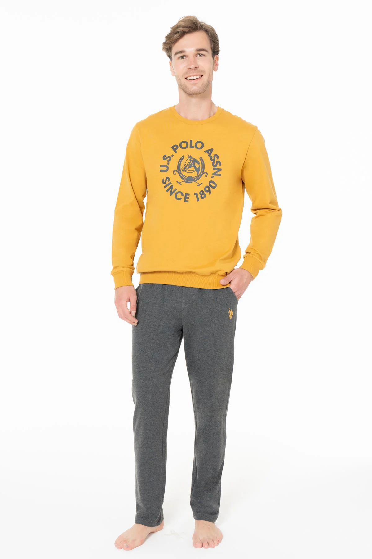 Erkek 2 İplik Kışlık Uzunkol Düz Paça Baskılı Ev Giyim Pijama Tak