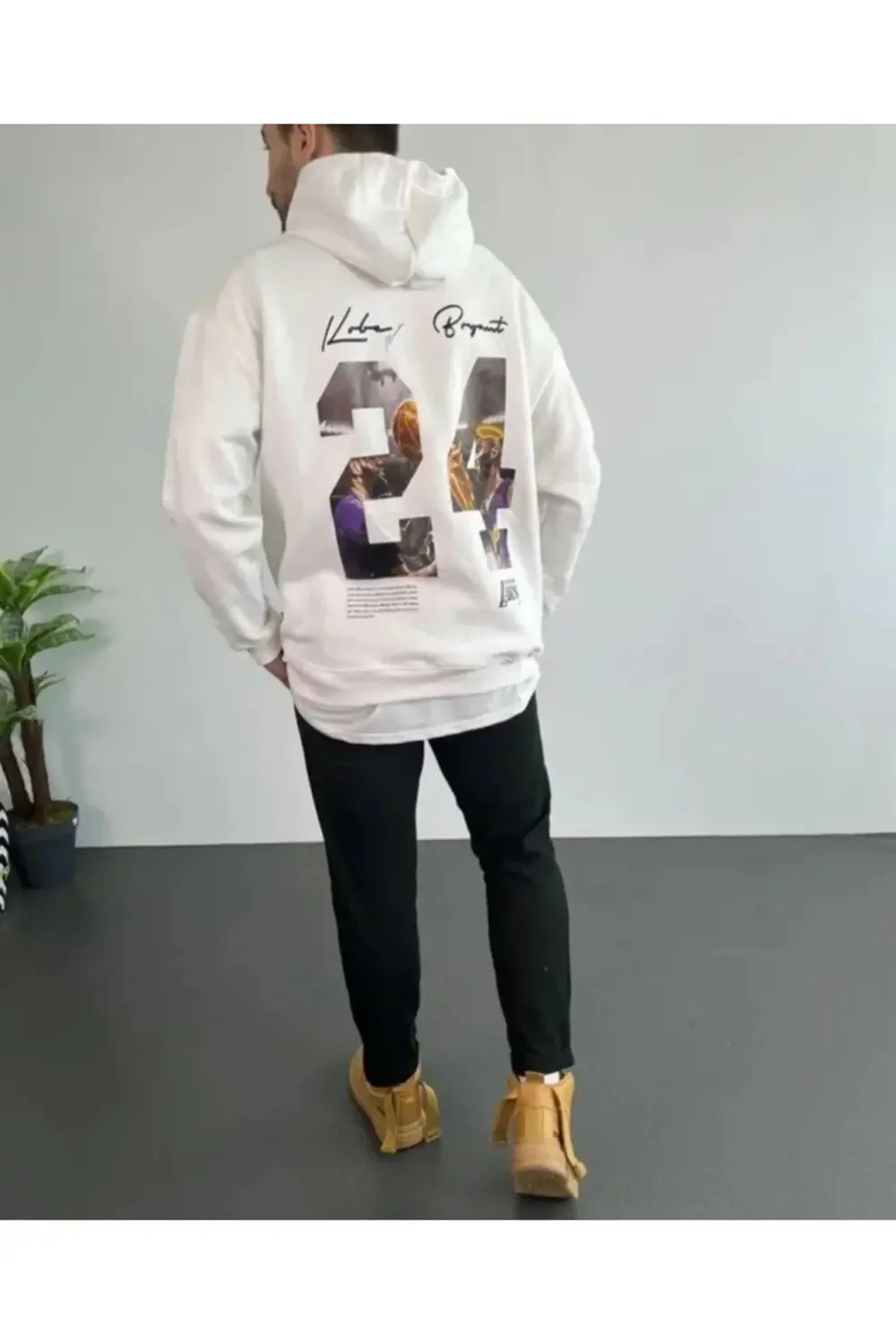 Erkek 24 Sırt Baskılı Ovresize Üç İplik Kapüşonlu Sweatshirt - Be