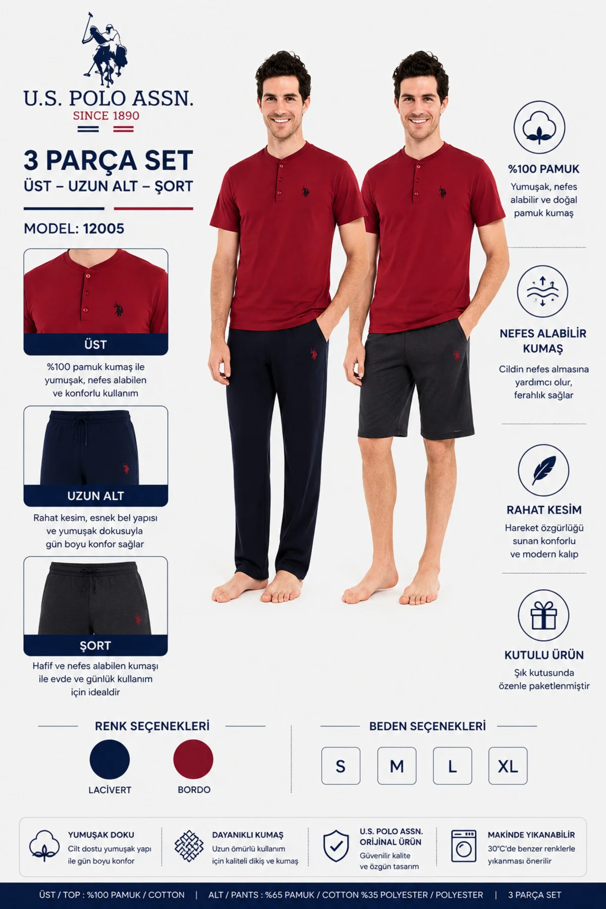 Erkek 3 Parça Pijama Takımı Pamuklu Kısa Kollu Üst Uzun Alt Şort Set