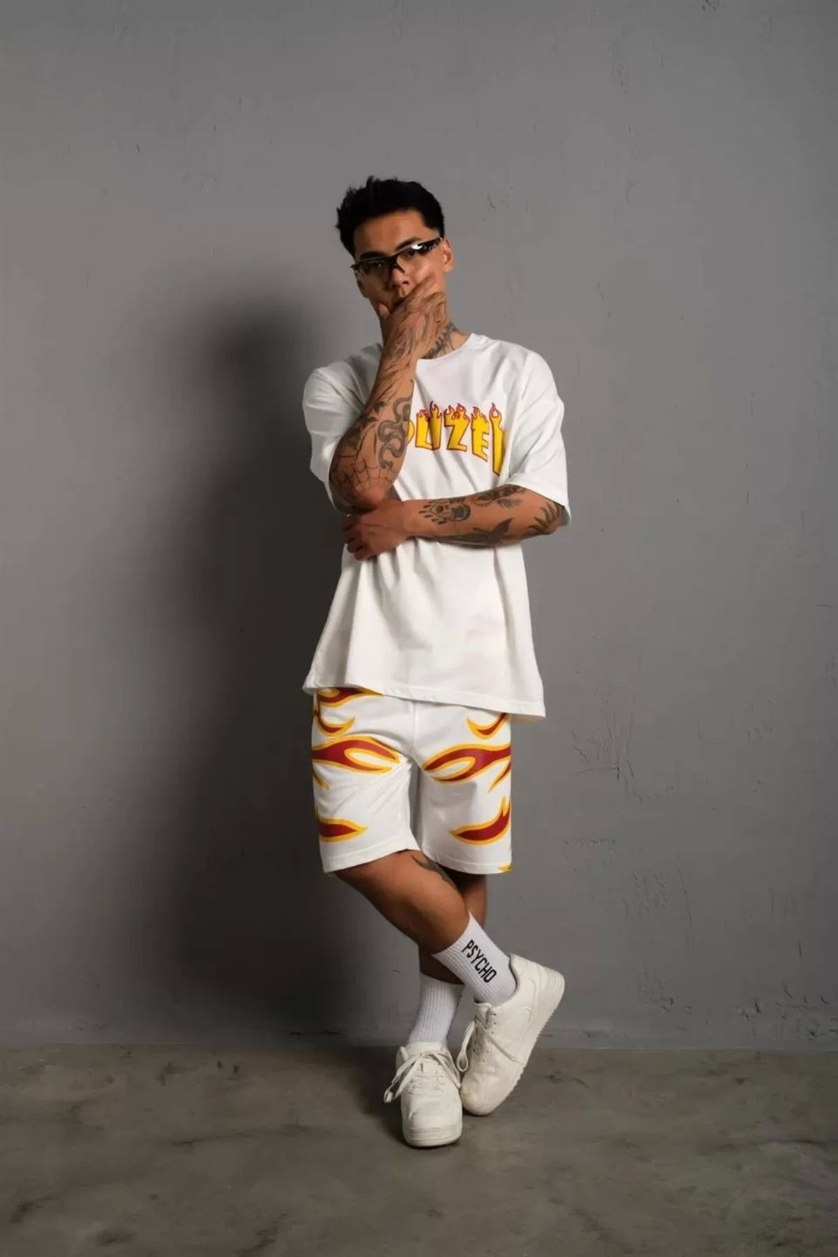 Anna Christina Erkek Alev Baskılı İkili Şortlu Takım - Beyaz