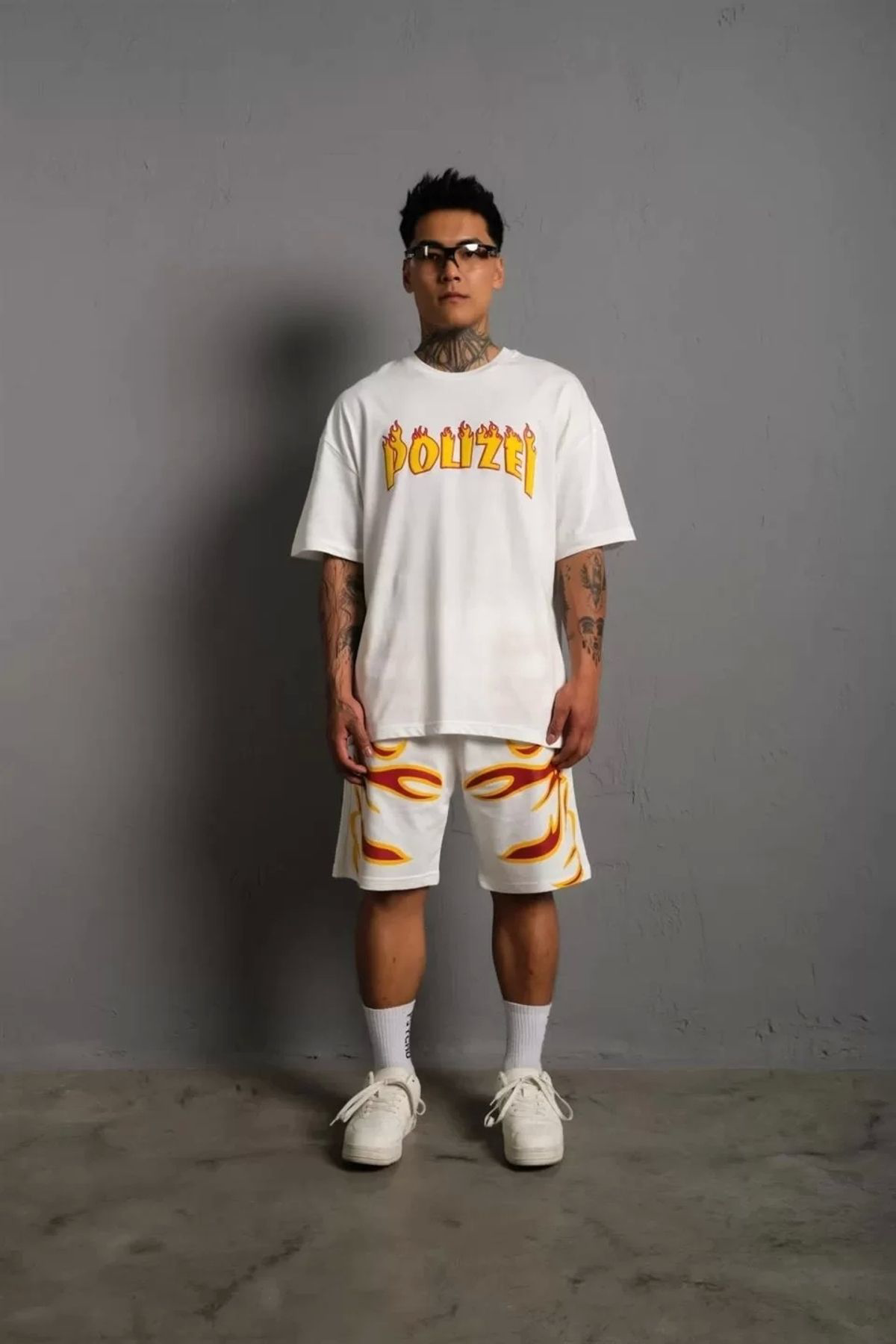 Anna Christina Erkek Alev Baskılı İkili Şortlu Takım - Beyaz