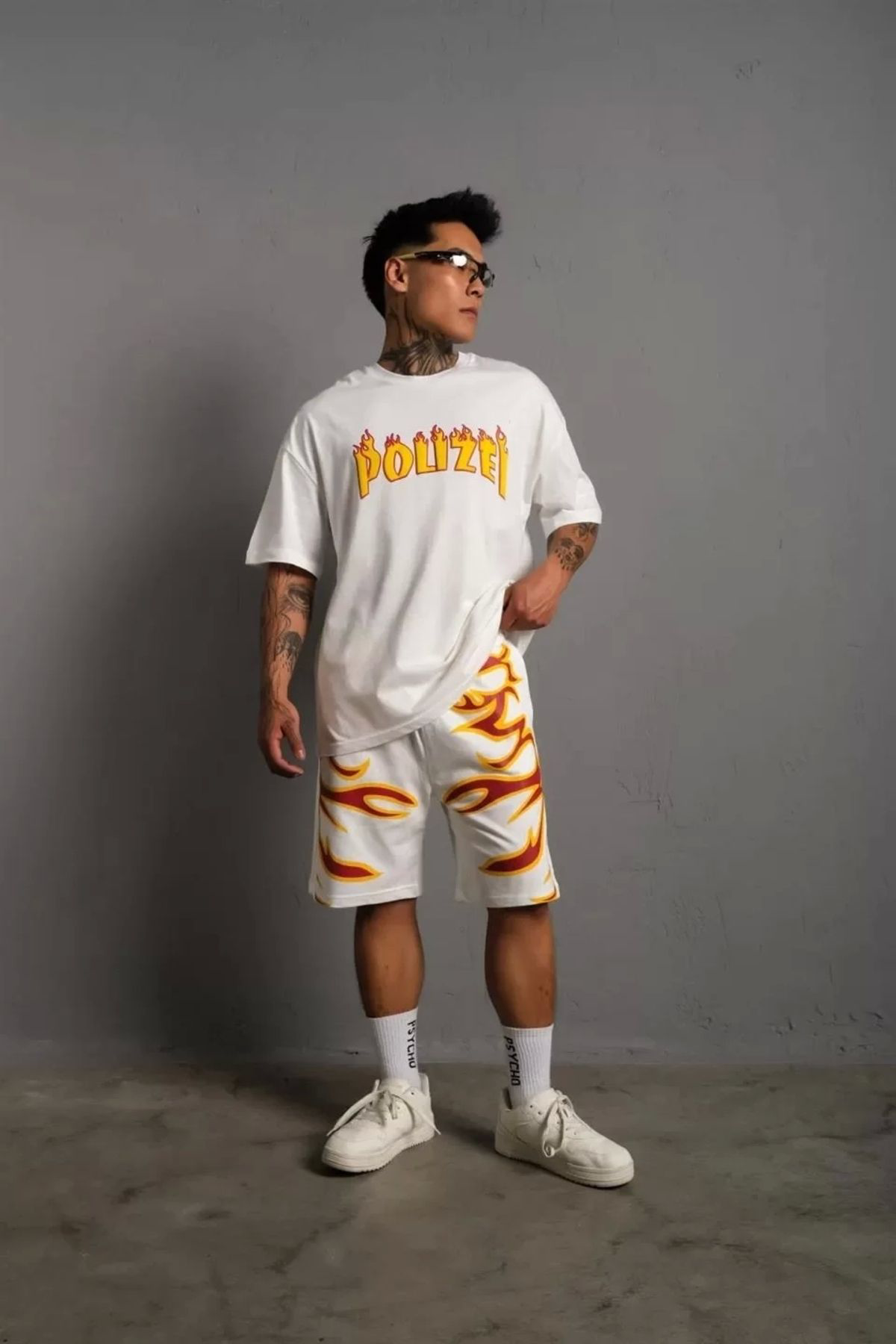 Anna Christina Erkek Alev Baskılı İkili Şortlu Takım - Beyaz