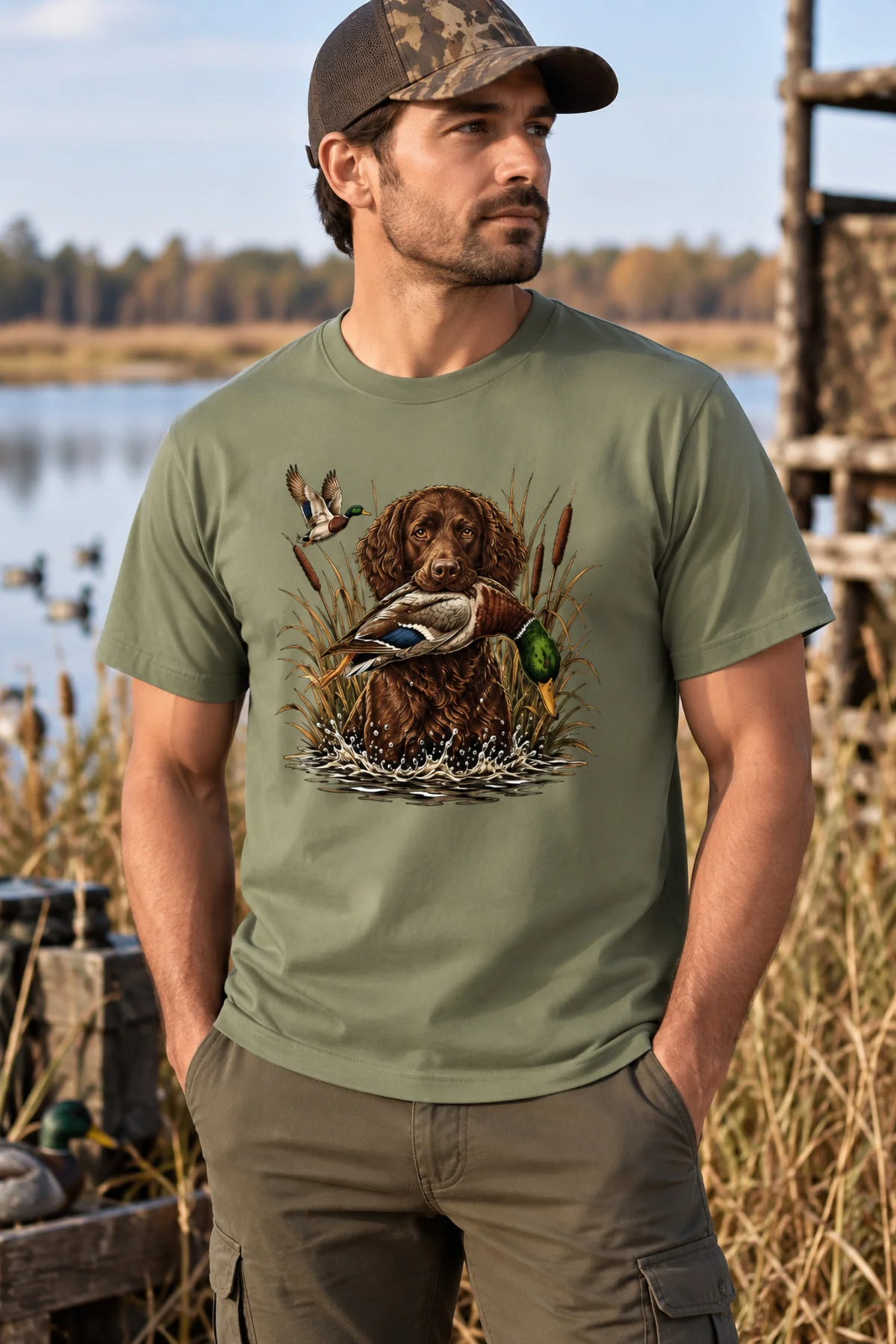 Erkek Av Köpeği Ördek Avı Baskılı T-Shirt – Outdoor Avcılık Temalı Bisiklet Yaka Kısa Kollu