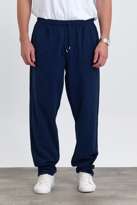 Erkek Baggy Fit LACİVERT Keten Karışımlı Pantolon