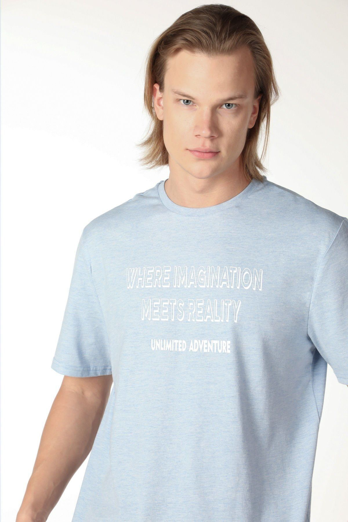 Defys Erkek Bisiklet Yaka Kisa Kollu Regular Fit Baskili Tişört Mavi Me